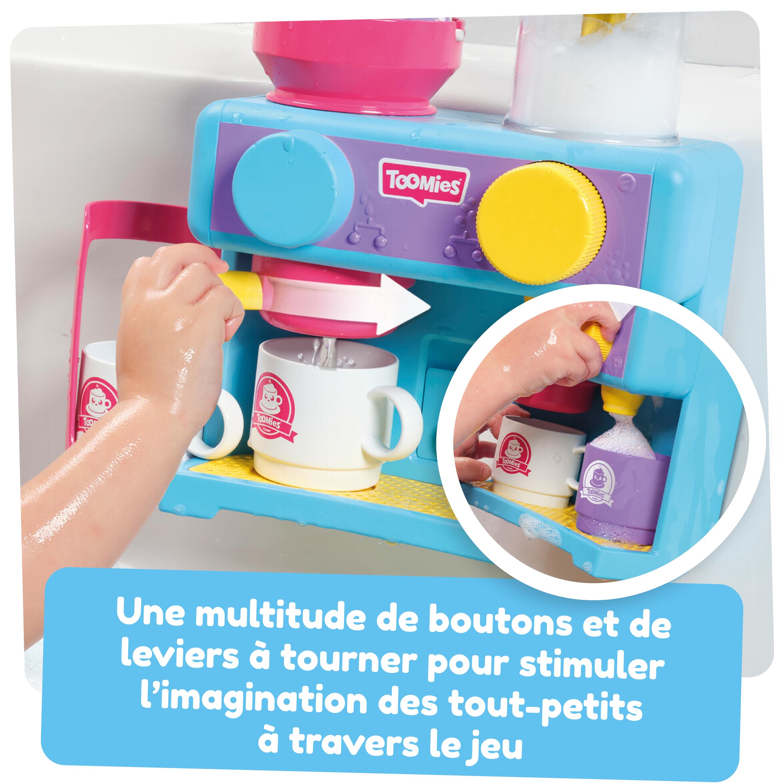 Tomy Toomies Bade-Barista, Wandmontiertes Baby-Badespielzeug als Café & Schaumbad-Spielküche für Kleinkinder - Küchen-Set: 3 Tassen, 1 Krug, 1 Shaker – ab 18 Monaten für Mädchen & Jungen