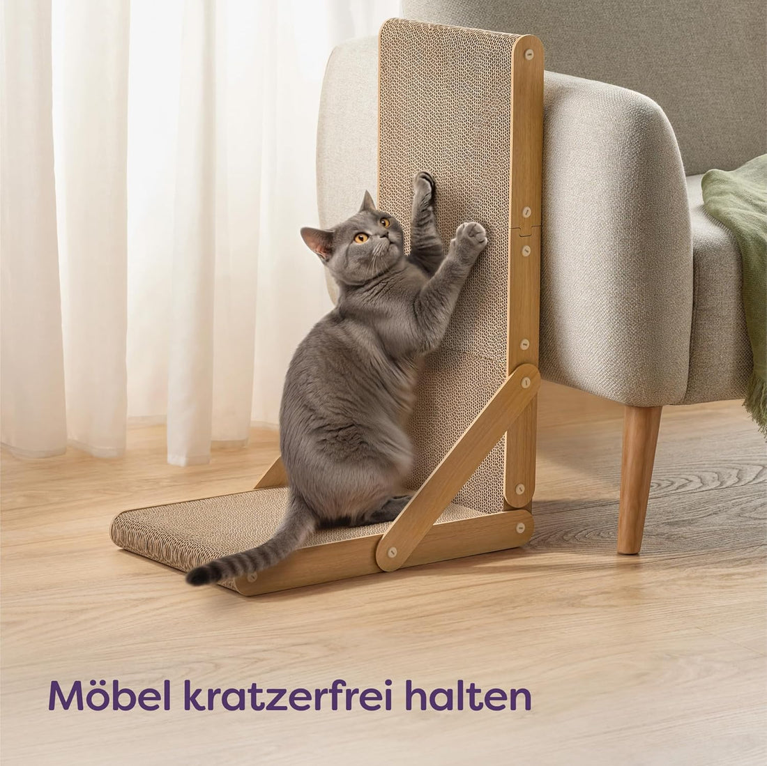 Knupis Kratzbrett Katze Groß 68 cm - Kratzfeste Kratzpappe für Katzen zur Krallenpflege - Bis zu 2 Jahre Kratzspaß - Leichte Montage - Wendbares Design L förmig - Kratzmatte für Sofa & Wandschutz