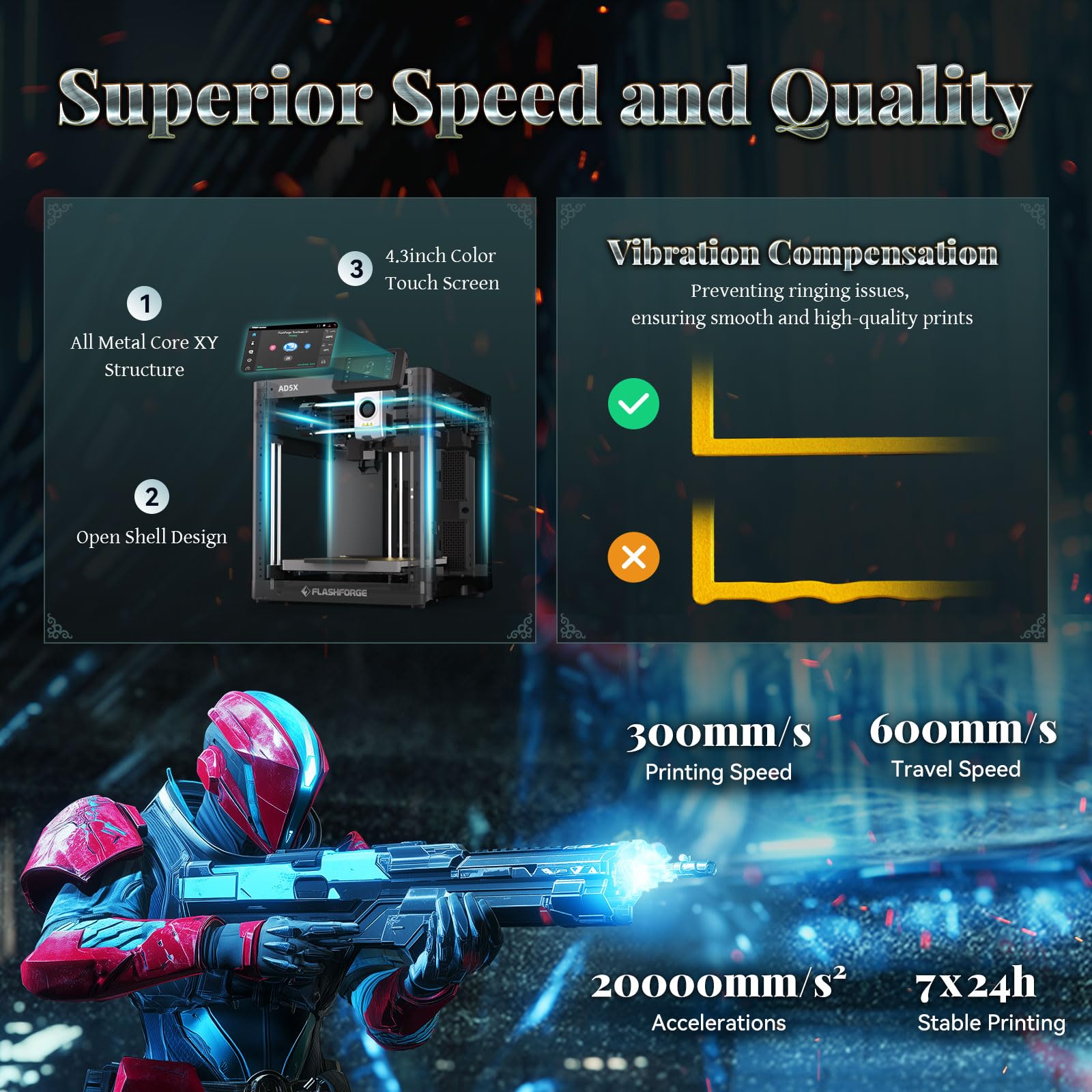 FLASHFORGE AD5X 3D Printer,Multi-Color Printing, 220x220x220mm Build Volume