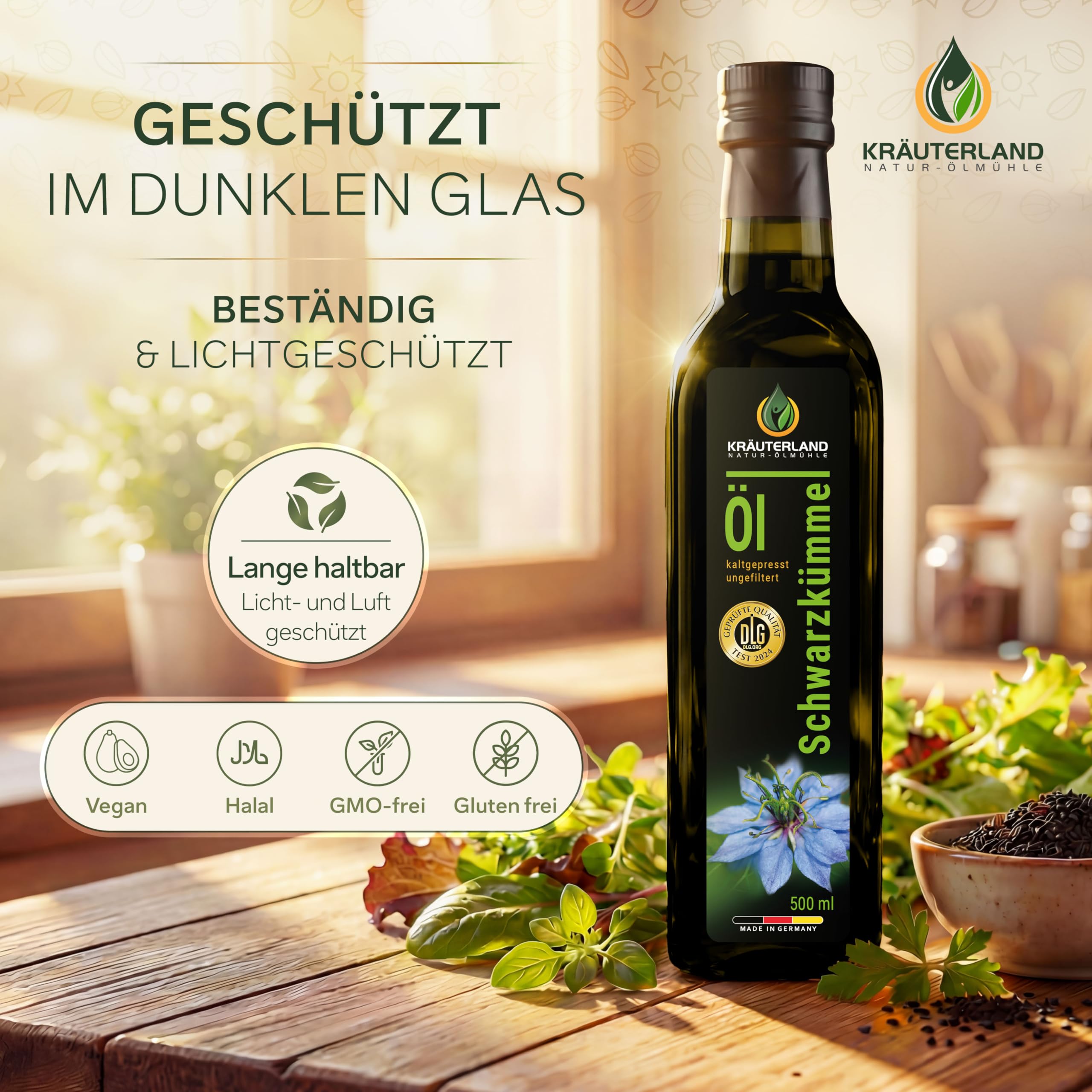 Kräuterland Schwarzkümmelöl 500ml, kaltgepresst & ungefiltert, hoher Thymochinon‑Anteil, ägyptische Samen, mühlenfrisch, 100 % Nigella sativa, naturrein ohne Zusatzstoffe, lichtgeschützten Glas