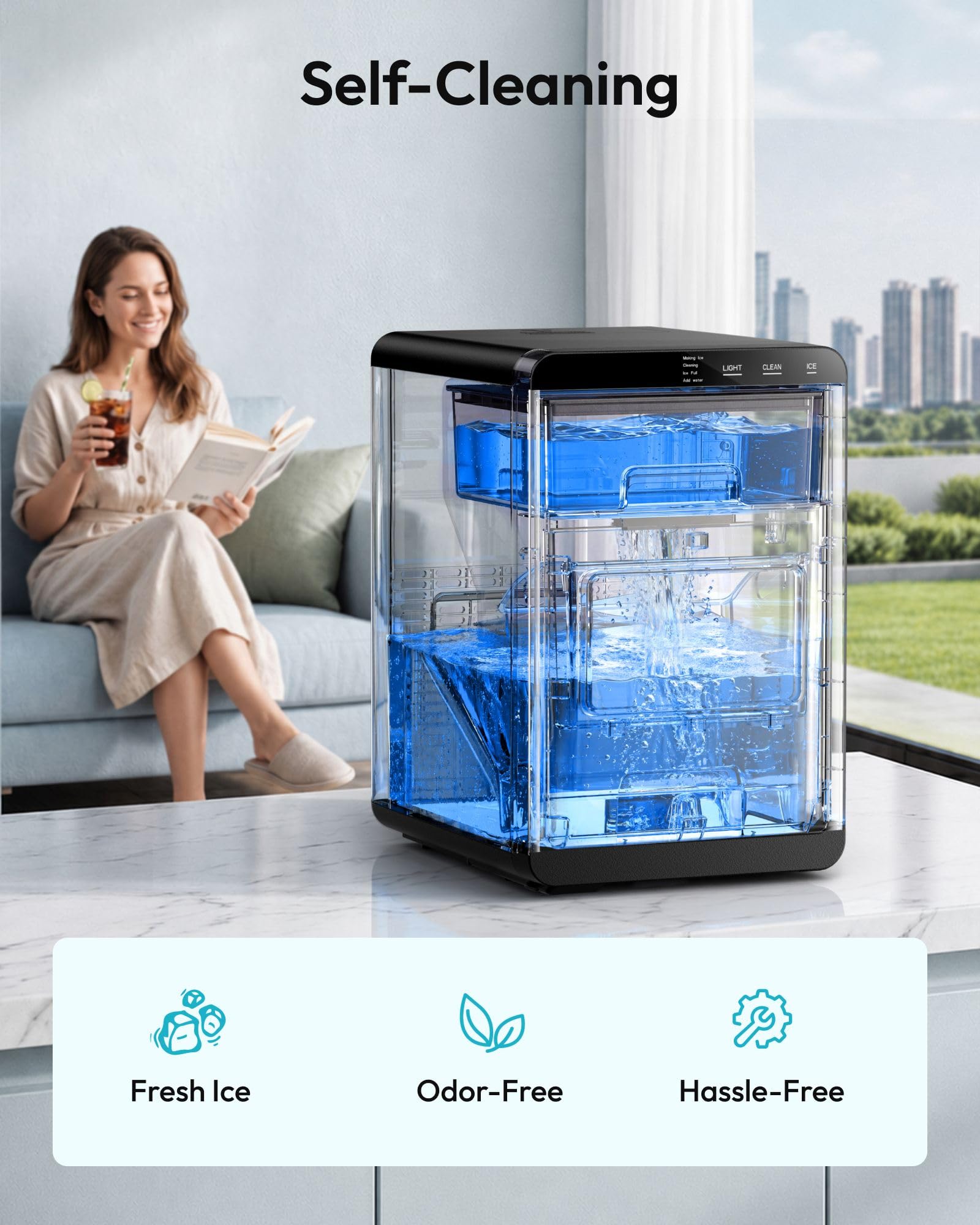 EUHOMY Nugget Ice Maker Countertop, 44Lbs/24H Sonic Ice Maker Machine, Self-Cleaning Pellet Ice Makers with Ice Scoop&Basket, Countertop Pebble Ice Maker for Home/Kitchen/Office