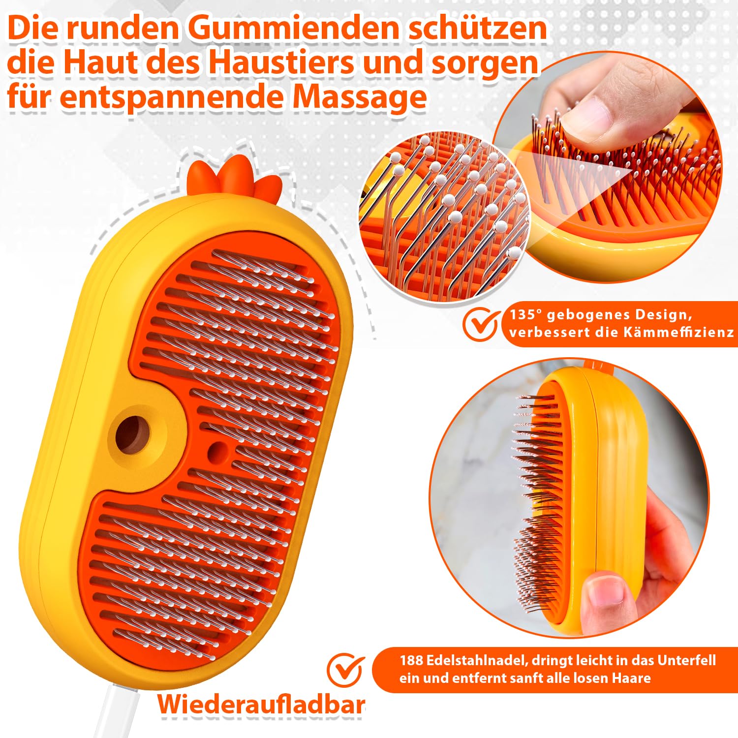 Katzenbürste mit Dampf & Auslöseknopf, Wiederaufladbar Dampfbürste von Katze Hunde, Spray Haustierhaar Bürste, Massage Steamer Kamm für Langhaar und Kurzhaar zum Entfernen Losem Fell und Schmutz