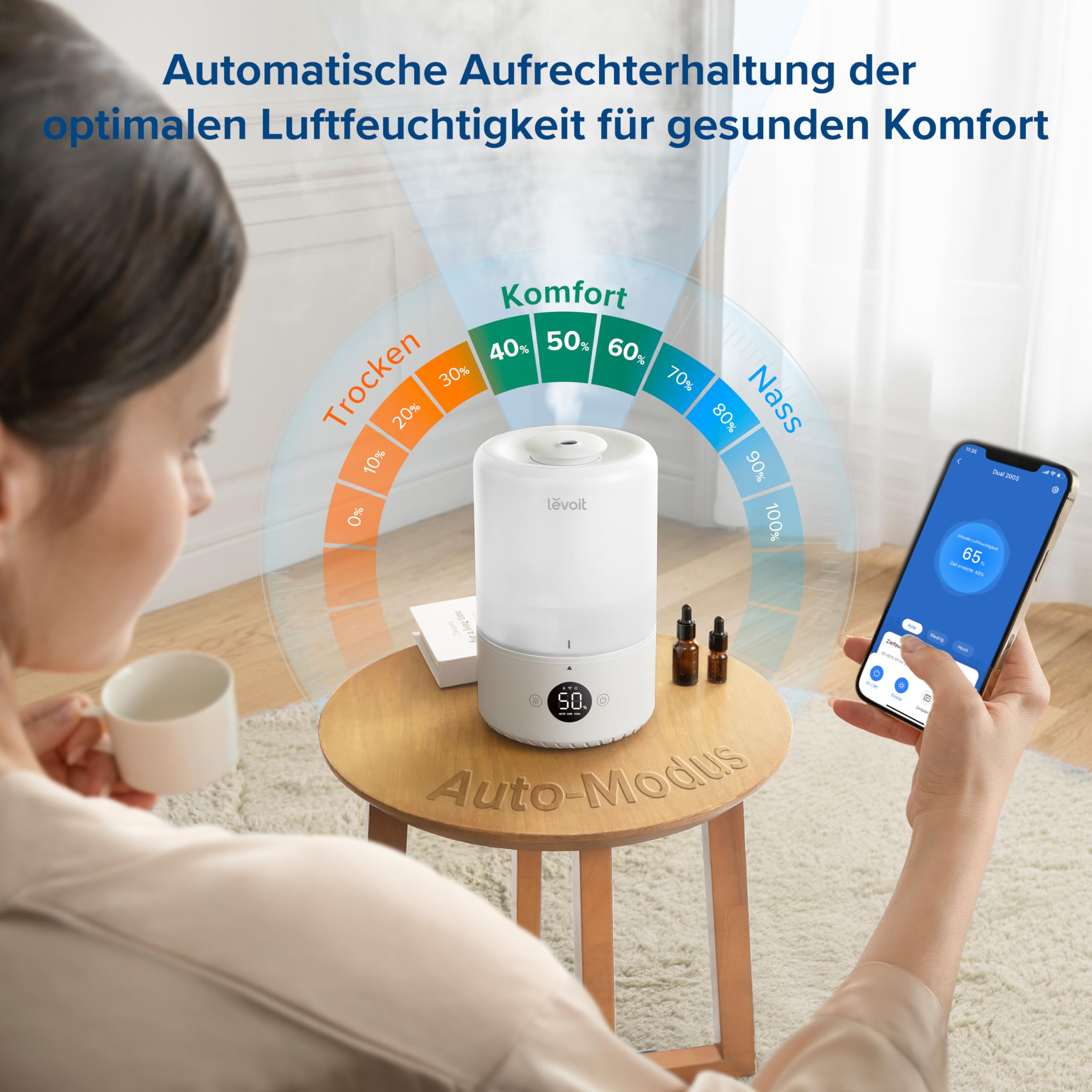 Levoit Luftbefeuchter Schlafzimmer, 23dB leise Humidifier, Top-Fill für Baby, bis 25H, Raumbefeuchter mit 360 grad Drehdüse für Kinderzimmer, Pflanzen, Auto Shut-off, 2,5 L, Weiß
