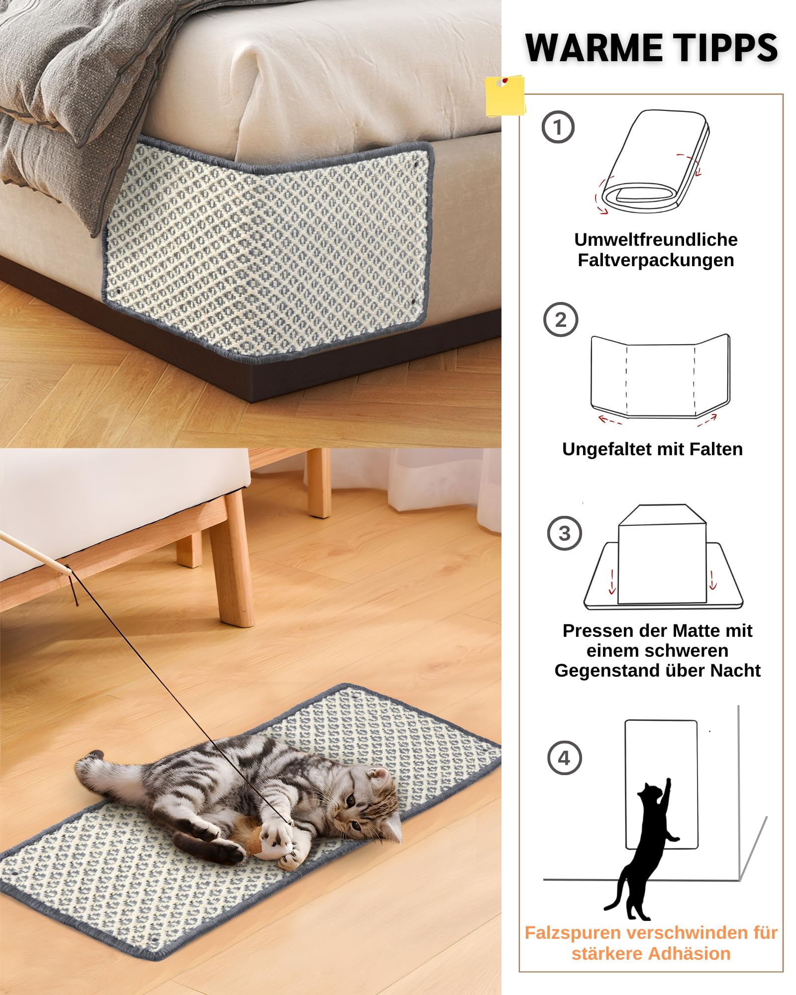 2 Stück Kratzmatte aus Sisal, Kratzmatte für Katzen, mit Klebeband, Katzenkratzmatte, Teppich zum Schutz der Wand, 60 × 25 cm (Braun)