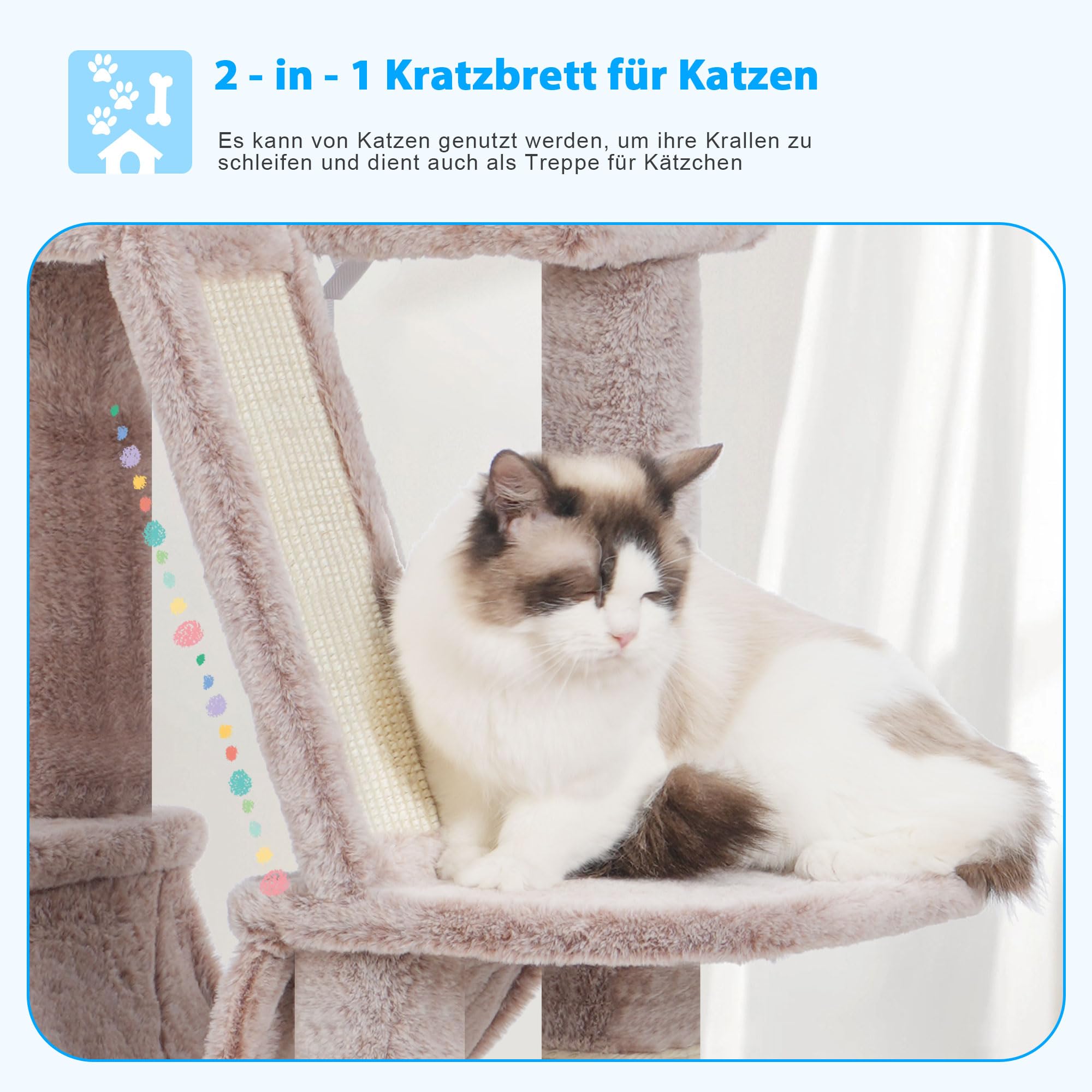Hey-Brother Kratzbaum, 135 cm Indoor Katzenbaum, Mit gepolsterter Plattform Bett, Spielzeug Ball, Höhlen, Hängematte und Sisal Kratzbaum Katzenhaus, Hellgrau MPJ019-SW
