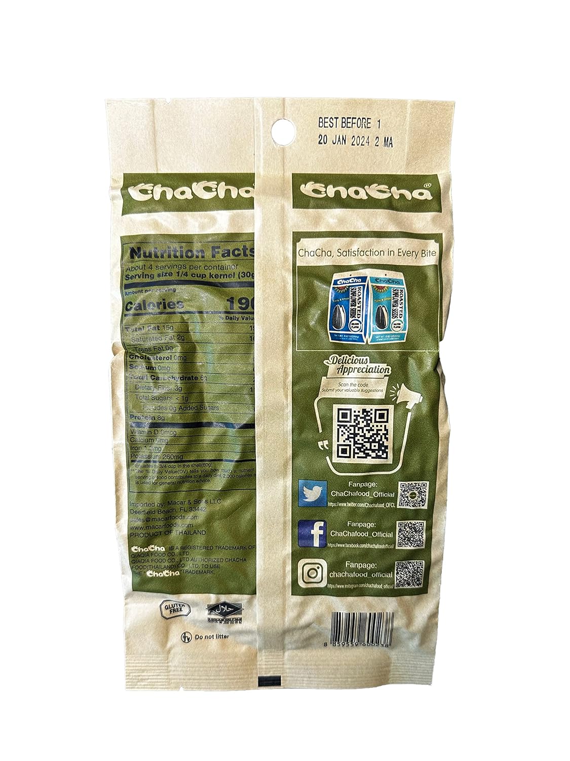 Chacha Sunflower Roasted and Salted Seeds (All Natural) 250g X 18 bags