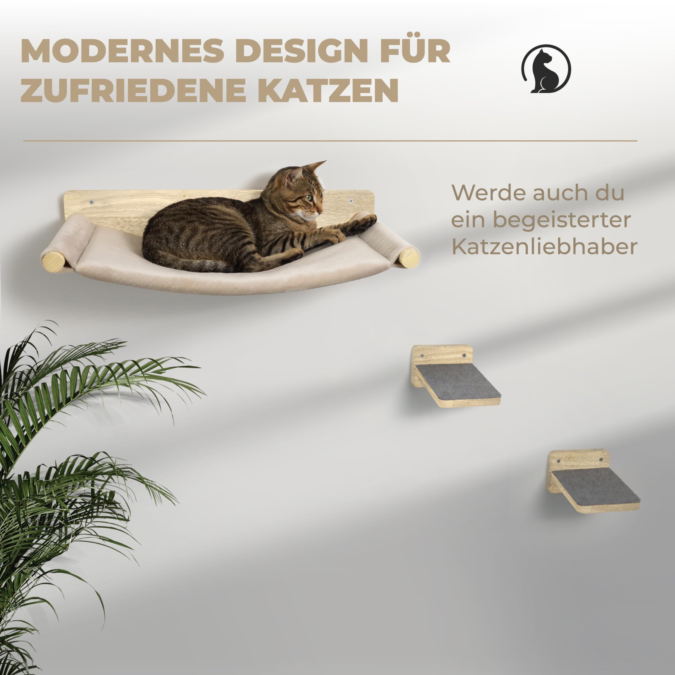WOOWOOD® 2X Kletterwand Katzen - 3X Katzentreppe Wand- Kratzbaum Wand - Hängematte Katze - Wandkratzbaum - Katzenmöbel - Katzenwand - Katzen Kletterwand Set - Naturhell
