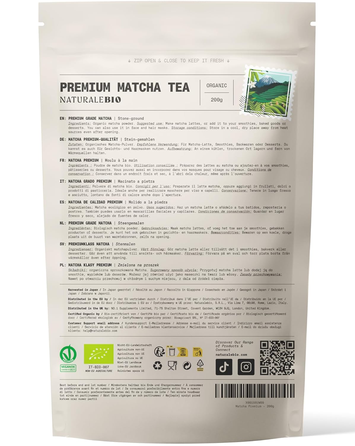 NaturaleBio Matcha Tee Pulver Bio - Premium-Qualität - 100g. Original Green Tea aus Japan. Japanischer ideal zum Trinken. Grüntee für Latte, Smoothies Getränk. Hergestellt in Uji, Kyoto.