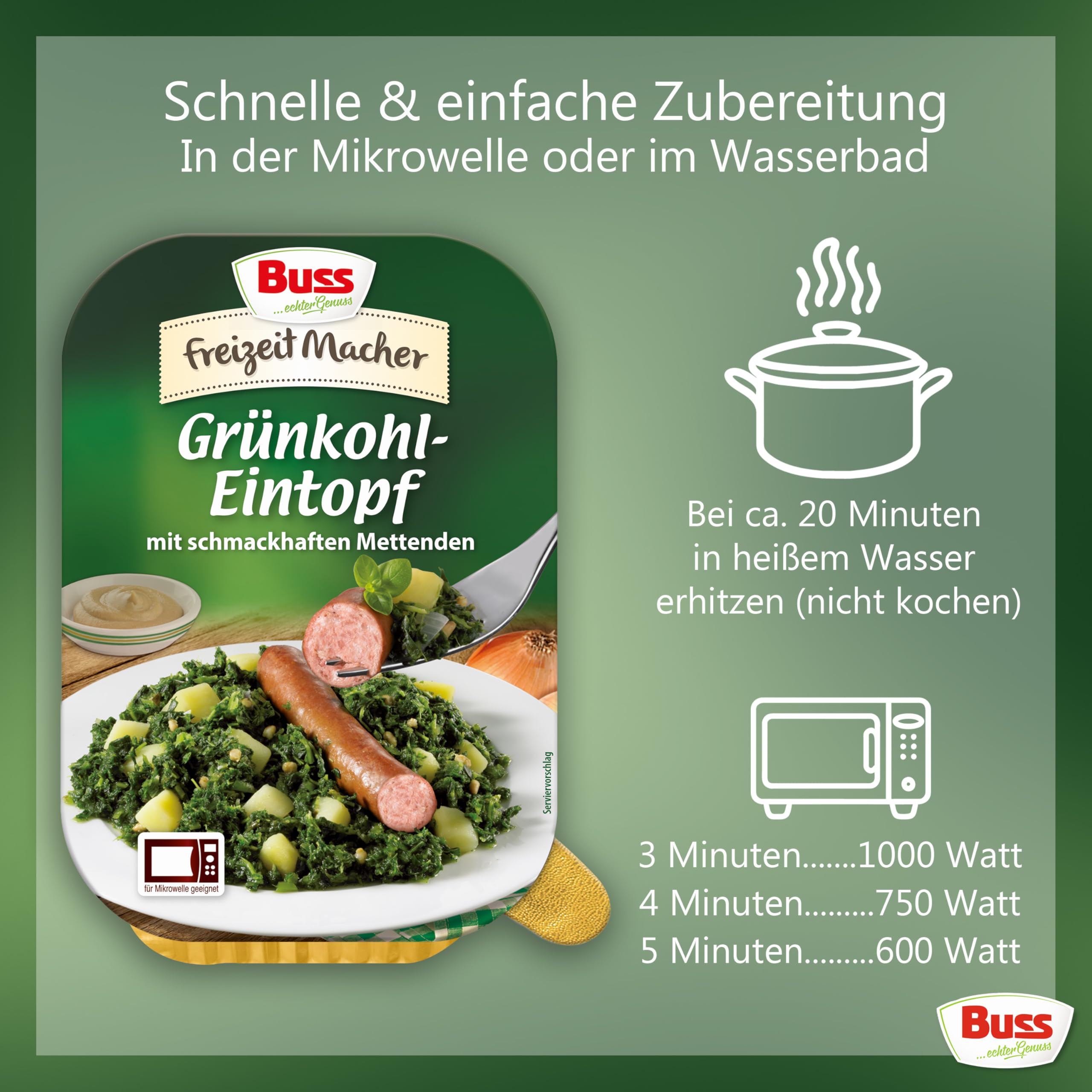 Buss Freizeitmacher Traditioneller Grünkohl Eintopf mit Kartoffeln und Mettenden - Fertiggerichte zum Aufwärmen in Mikrowelle & Topf - Schnell & Einfach Zubereitet - 12 x 300g