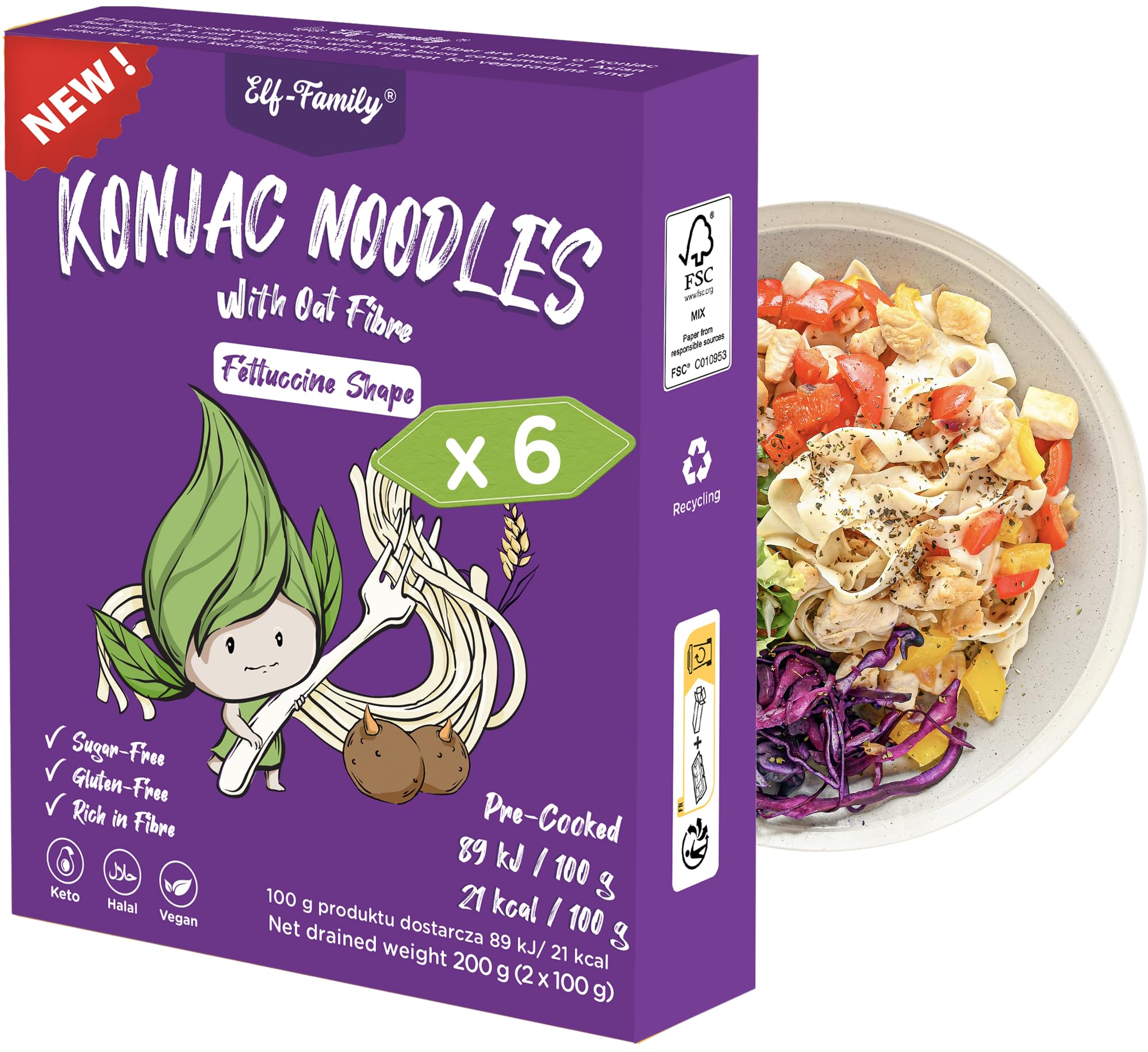 Premium Konjak Nudeln aus Thailand Vegan Glutenfrei-240gx 6er Box(12 pack), Elf-Family Shirataki Nudeln Instant Nudeln Pasta/Keto/Low Carb/Kalorienarme/Zuckerfrei -Spaghetti & Fettuccine