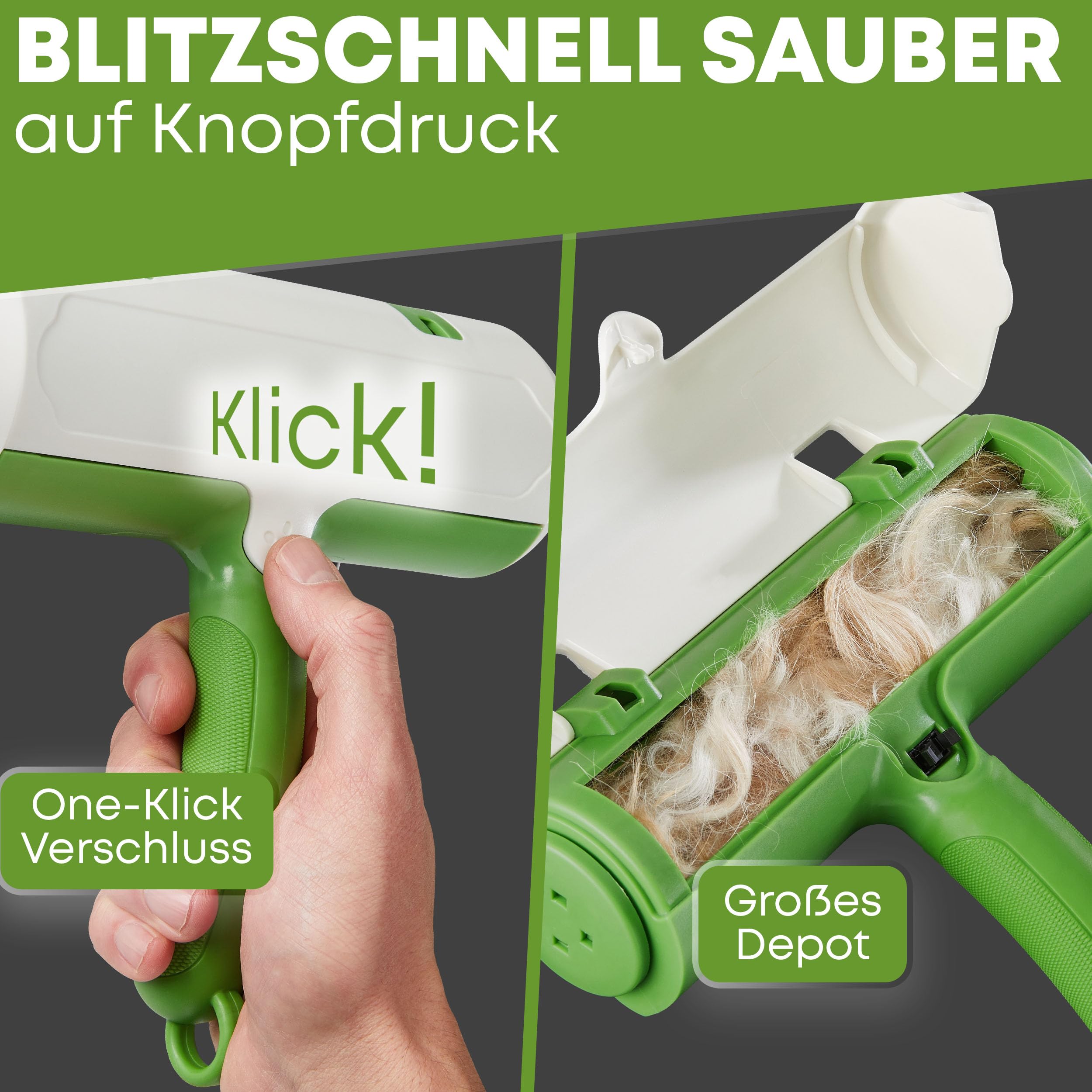 NEUHEIT 2026 - DOGGYBOO® Selbstreinigender Tierhaarentferner – Premium Fusselrolle für Hundehaare und Katzenhaare, Wiederverwendbarer Katzenhaarentferner für Sofa, Teppich, Bett und Auto (Grün)