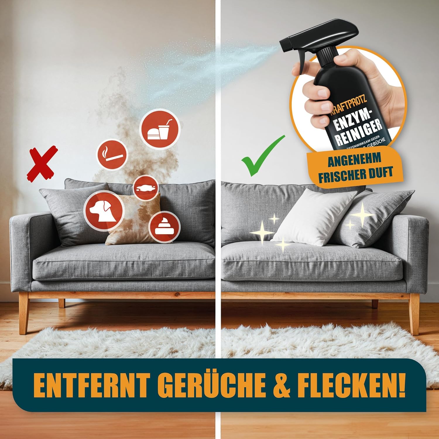 Enzymreiniger – Geruchsentferner & Fleckenentferner Spray 750 ml – porentief & biologisch – für Sofa, Teppich, Matratze, Auto & Haushalt – gegen Schmutz, Schweiß, Gerüche & Tierspuren – KRAFTPROTZ