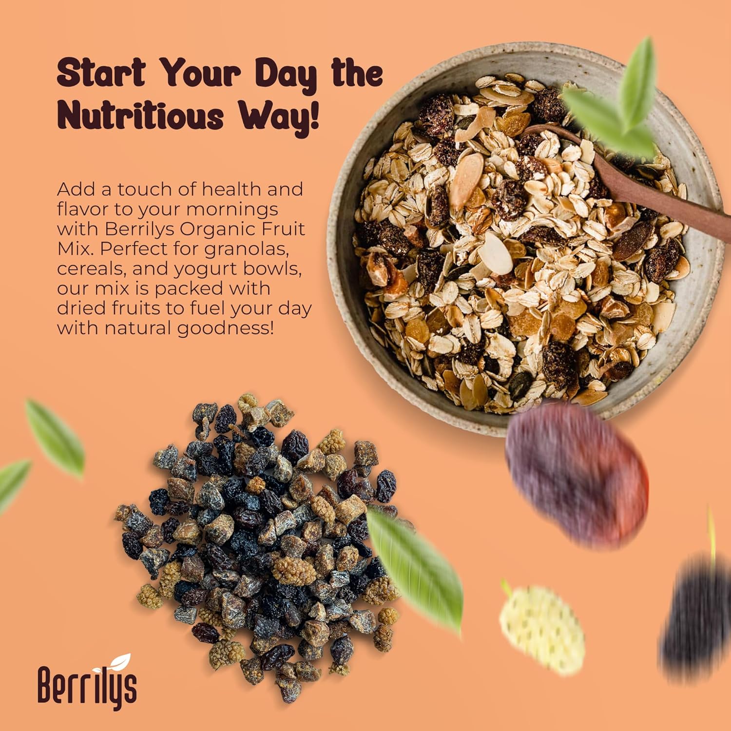 Berrily's Dried Fruit Mix, 2 Lbs, Organic, Diced Figs, Diced Apricots, White Mulberries, Sultanas, Sour Cherries, No Sugar Added, Trail Mix for Baking and Snacking