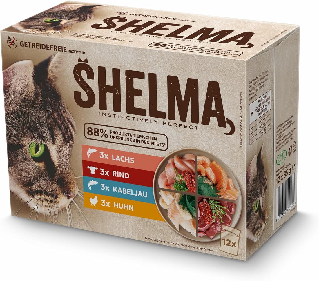 Shelma Katzen-Nassfutter Fleisch Megapack mit den Sorten Rind, Truthahn, Huhn und Ente – Getreidefreies Alleinfuttermittel mit hohem Fleischanteil – 40 x 85 g (3,4 kg)