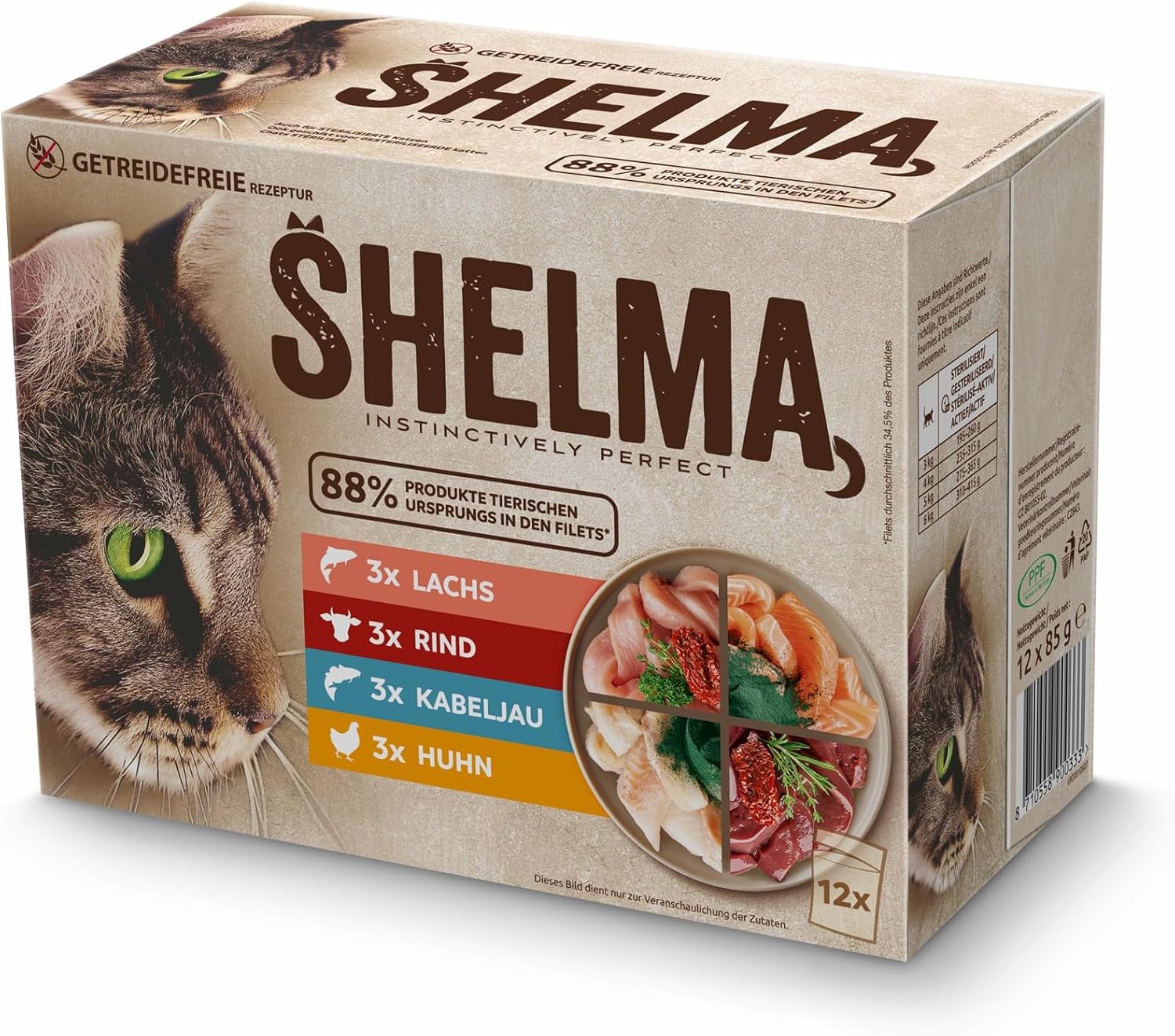 Shelma Katzen-Nassfutter Fleisch Megapack mit den Sorten Rind, Truthahn, Huhn und Ente – Getreidefreies Alleinfuttermittel mit hohem Fleischanteil – 40 x 85 g (3,4 kg)