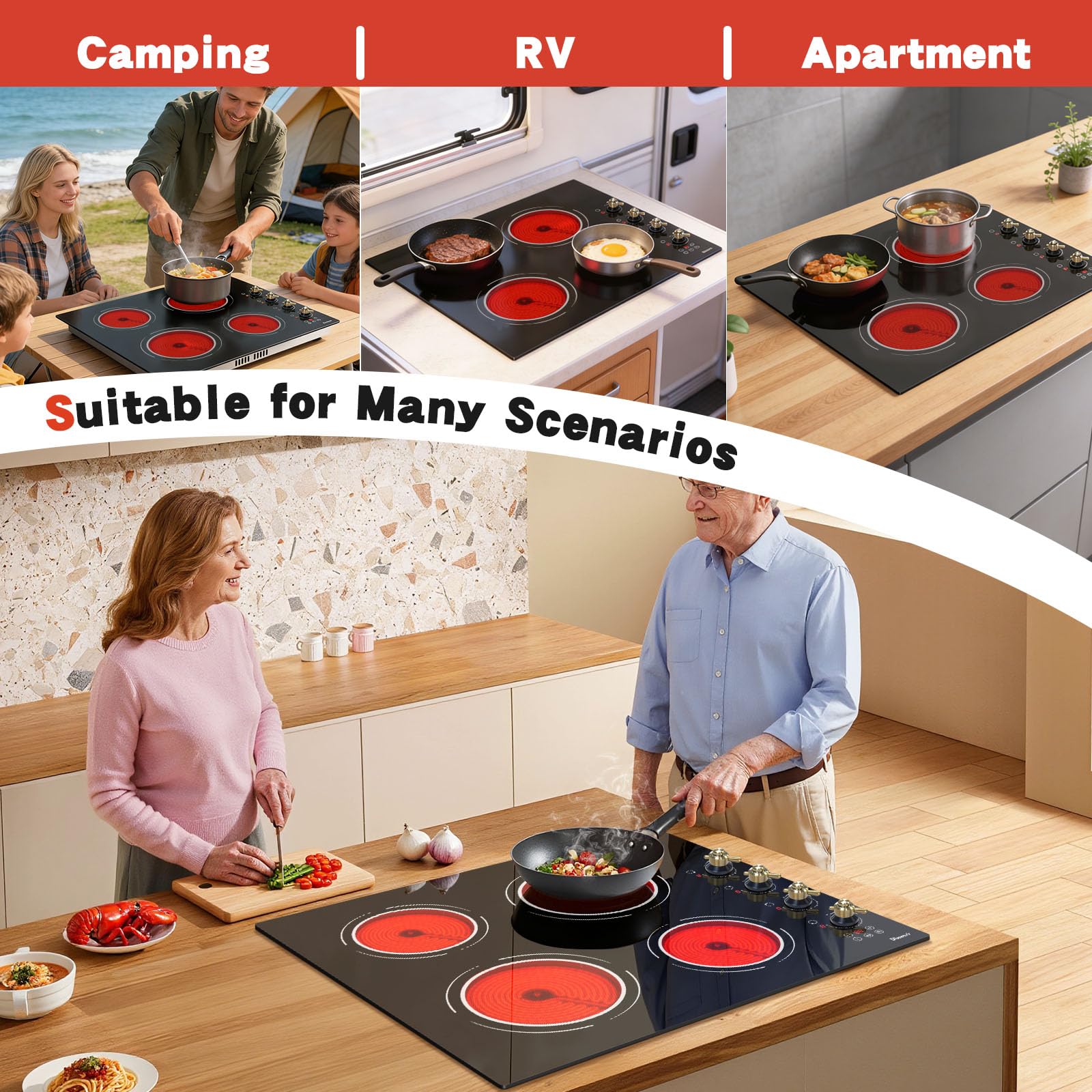 Disaenvir 29.13 Inch (Cut-out Size: 29.13"x19.3") Electric Cooktop - 30 Inch 9000W Powerful 5 Burner Electric Stovetop, Built-in Ceramic Stove 30“, Timer, Safety Lock, Pause, 240V Hard Wired (No Plug)