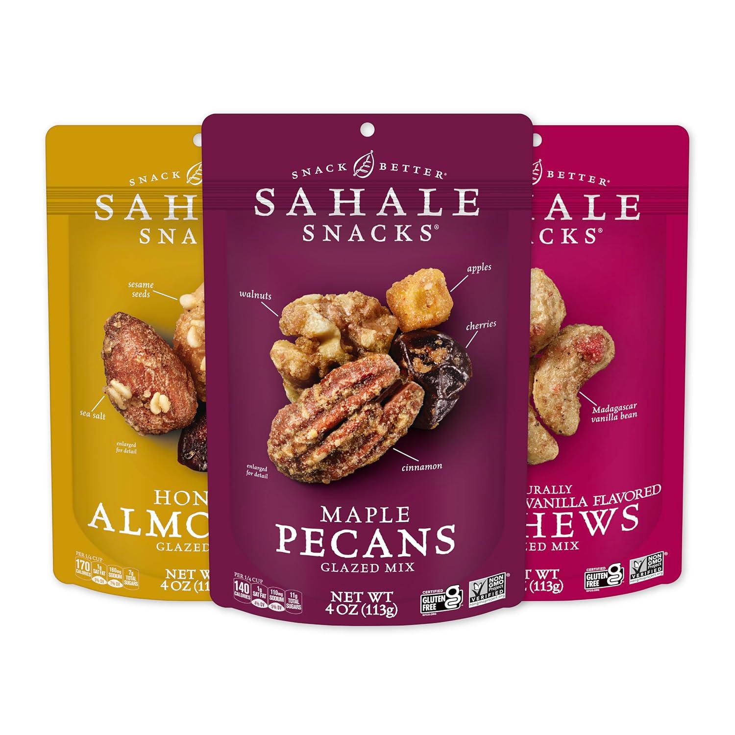 Sahale Snacks Glazed Mix Nut Blend Variety Pack, 1.5 Oz Grab & Go Bags (12 Total Packs) - Four Different Dry-Roasted Deluxe Mixed Nuts Blends Included - Non-GMO Kosher & Certified Gluten-Free Snacks