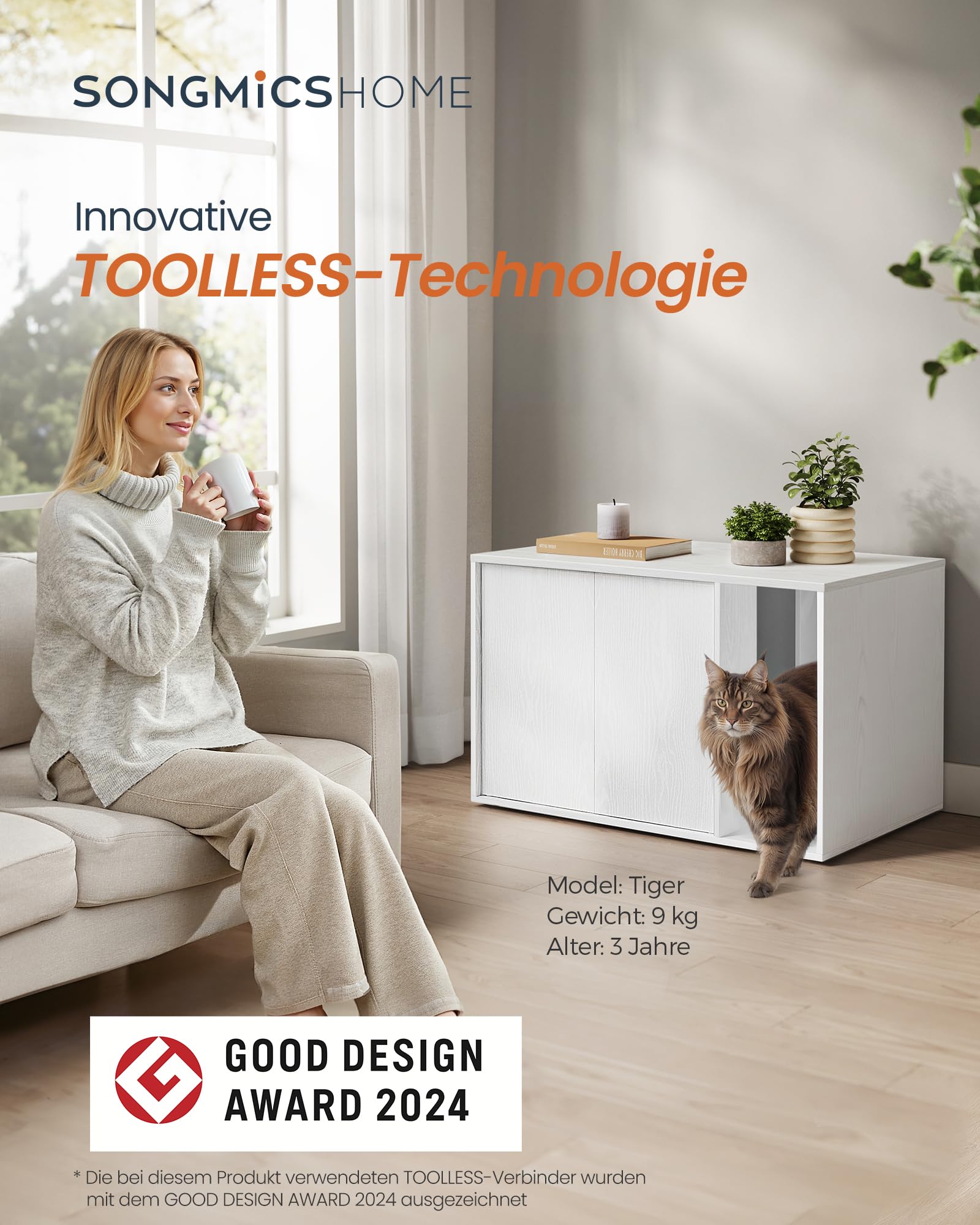 SONGMICS HOME Katzenklo Schrank, superschnelle werkzeuglose Montage, Toolless-Technologie, Katzenhaus für Katzentoilette, Werkzeuglose Montage, Push-to-Open, 80 x 53 x 50cm, schneeweiß PCL013W01