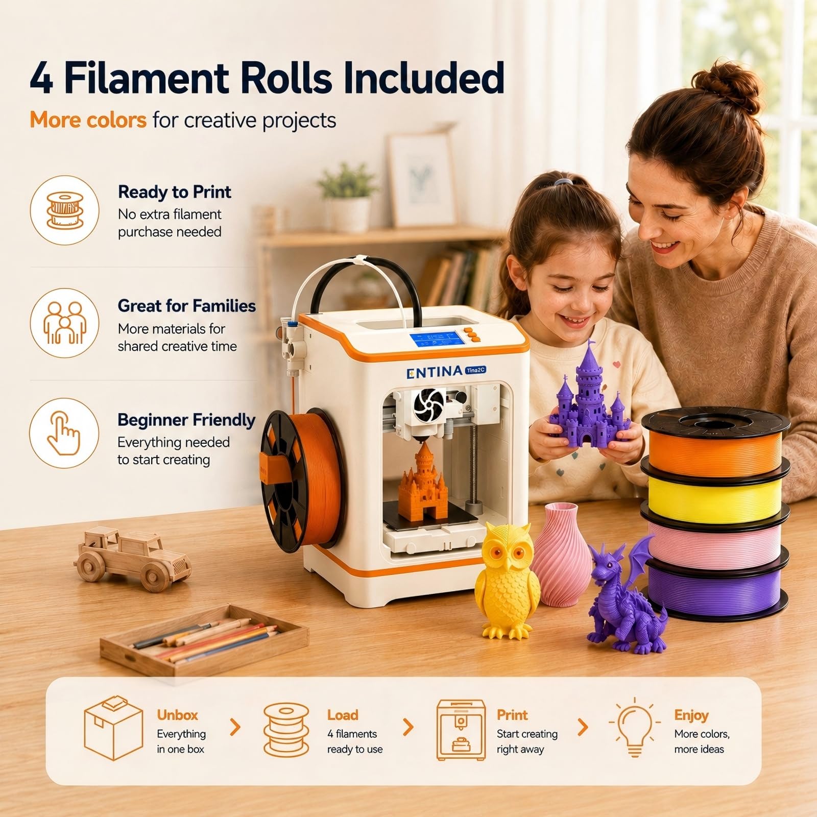 Entina Tina2C 3D Printer for Kids & Beginners, Fully Assembled Starter Mini 3D Printer, Start in 8 Mins, App & WiFi Control, Auto Leveling, 3000+ Model Library, 20+ Creative DIY Modules for STEM, Home