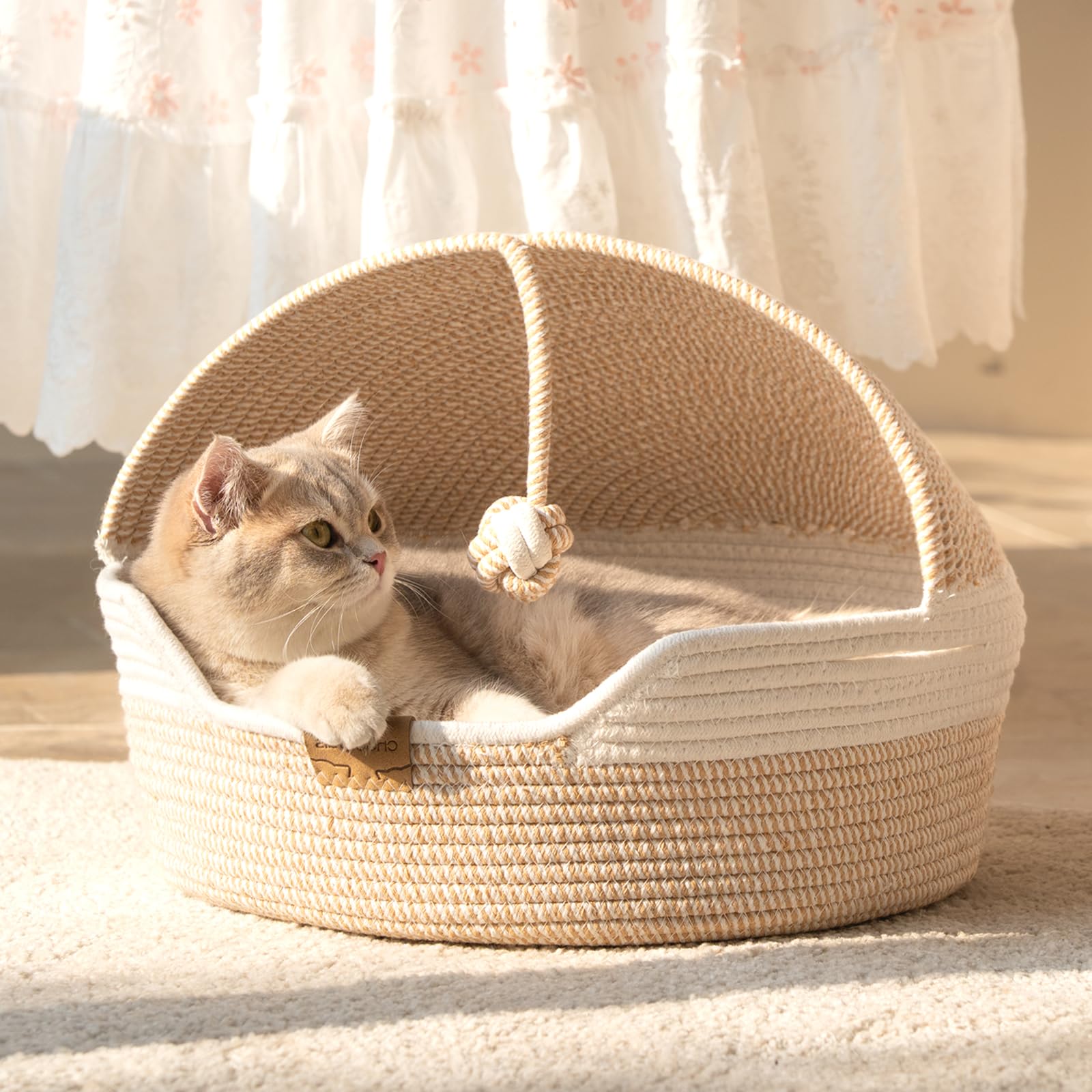 CheerPals Katzenbett mit Kissen, 47cm Waschbar Katzenkorb aus Baumwollseilen geflochten, zum Schlafen für Alle Katze, All Season Universal