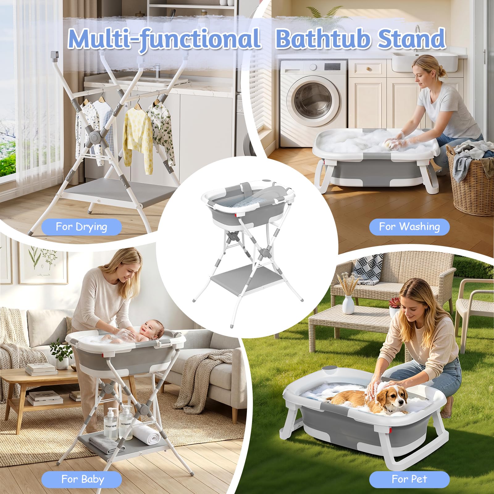 Baby Badewanne Faltbare, Baby Bathtub Babywanne Faltbar Babybadewanne Tragbare Wanne für Neugeborene Kleinkinder mit Rutschfester Matte und Abflussloch (Kein Thermometer) (Grau)
