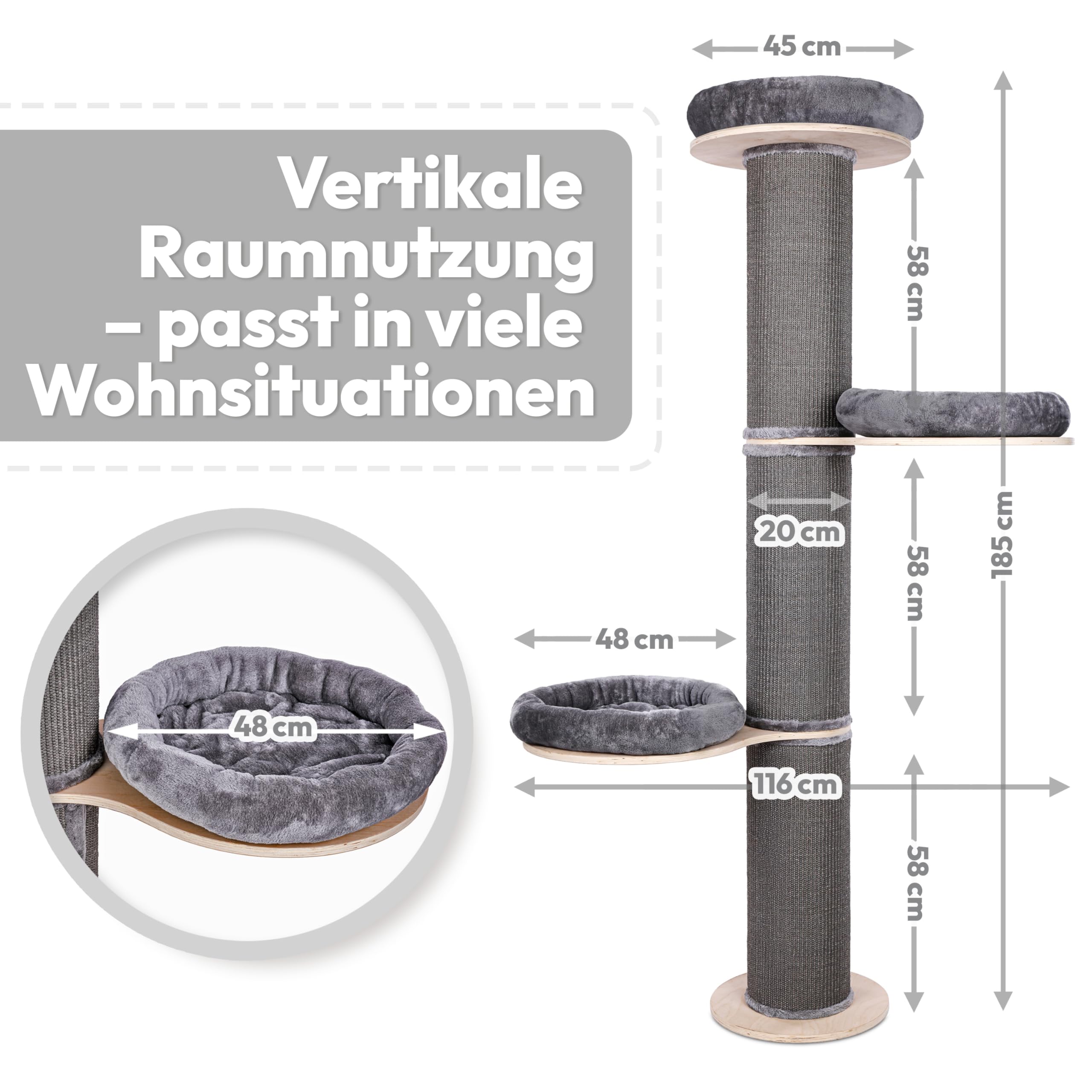 Kratzbaum wandmontiert 185 cm hoch, XXL Katzenbaum Premium Sisal Säulen, 3 Plattformen Kissen abnehmbar & waschbar I Stabiler & Platzsparender Katzenkratzbaum, Grau