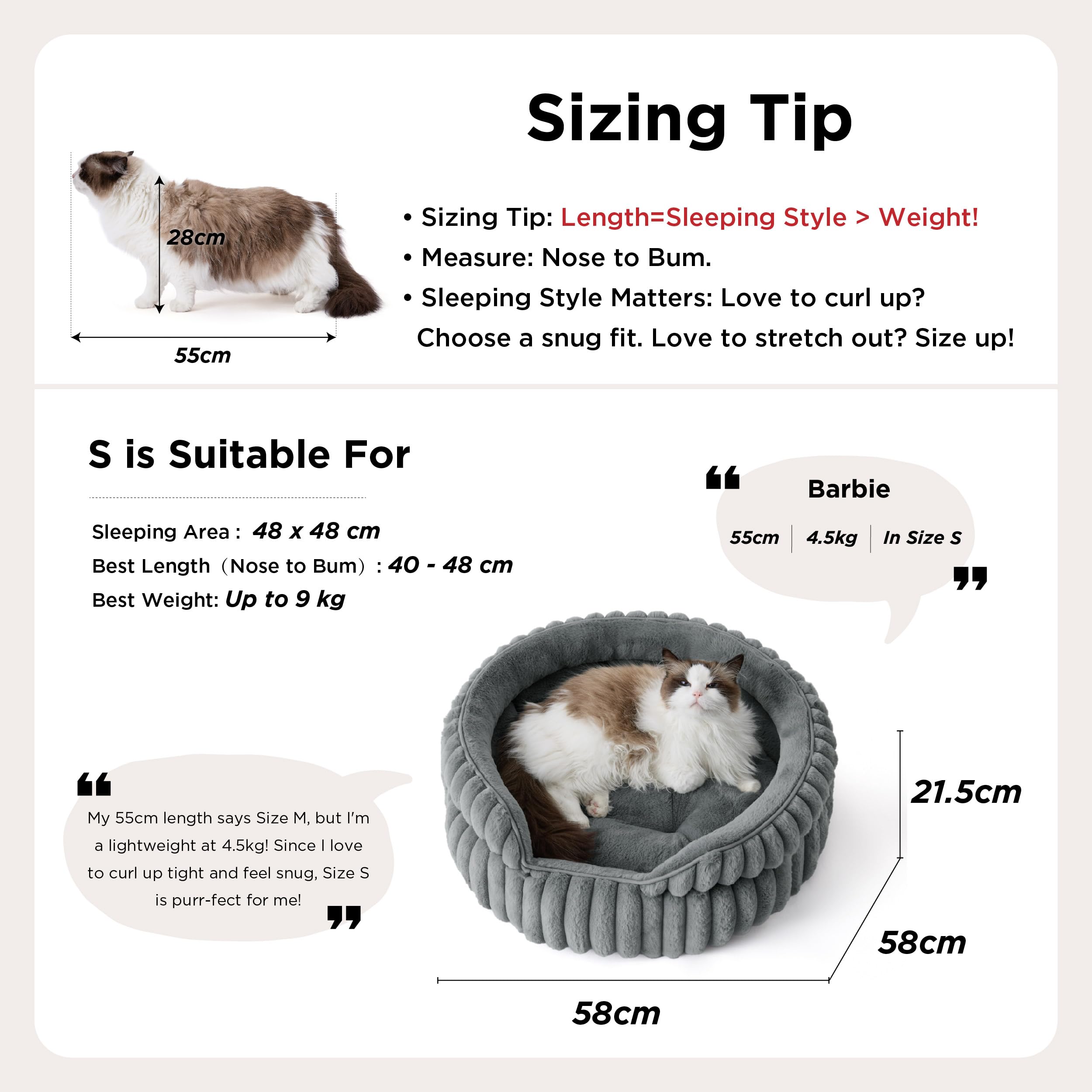 BEDSURE Flauschiges Katzenbett für Wohnungskatzen - 51 x 51 cm kleines rundes Katzenbett, waschbares Katzenbett für Kätzchen und Welpen mit Rutschfester Unterseite und abnehmbarem Kissen, grau