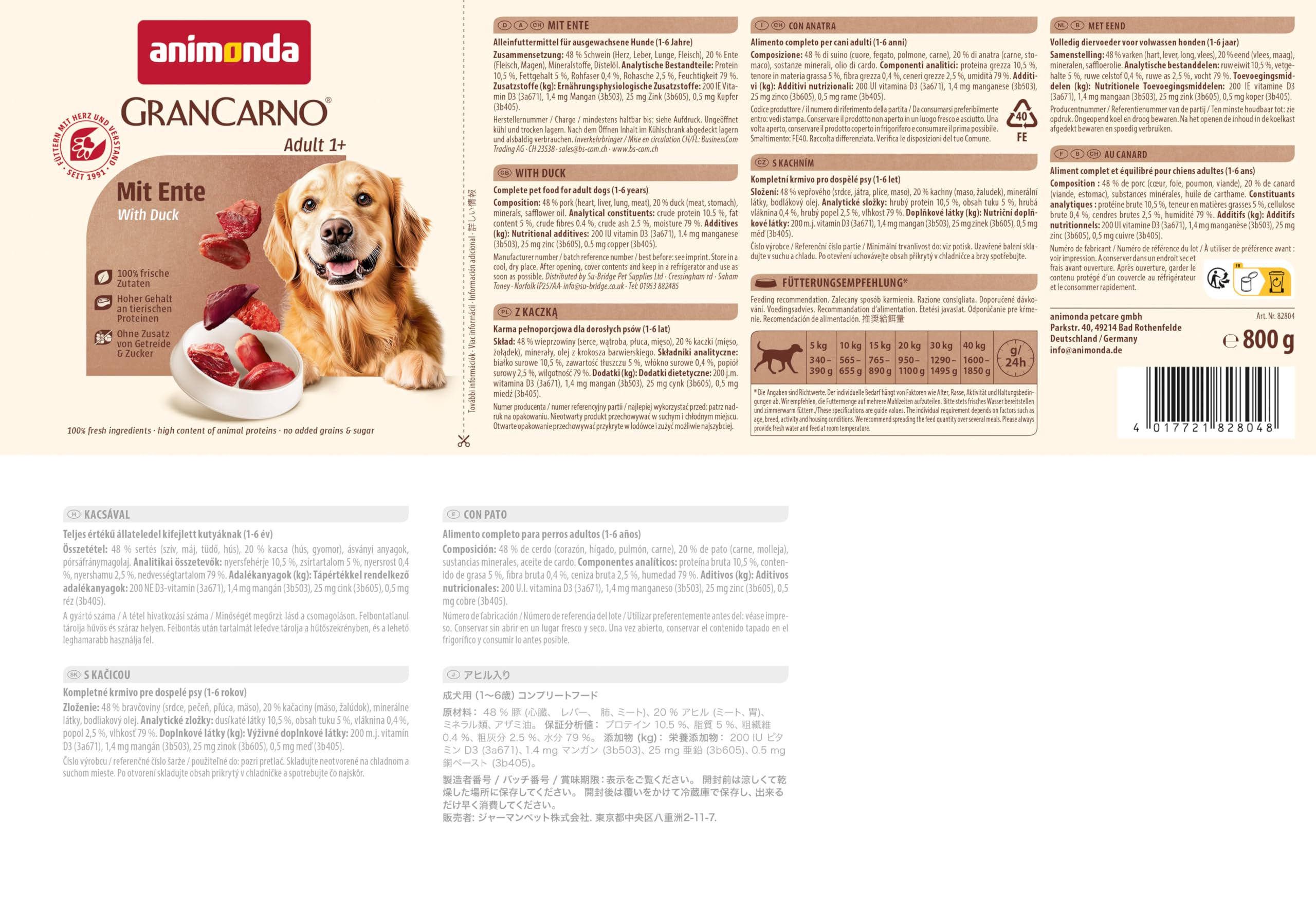 animonda GranCarno Hunde Nassfutter mit Rind + Entenherzen (6 x 800 g), getreidefreies Hundenassfutter ohne Zucker, für ausgewachsene Hunde, mit frischen fleischigen Zutaten