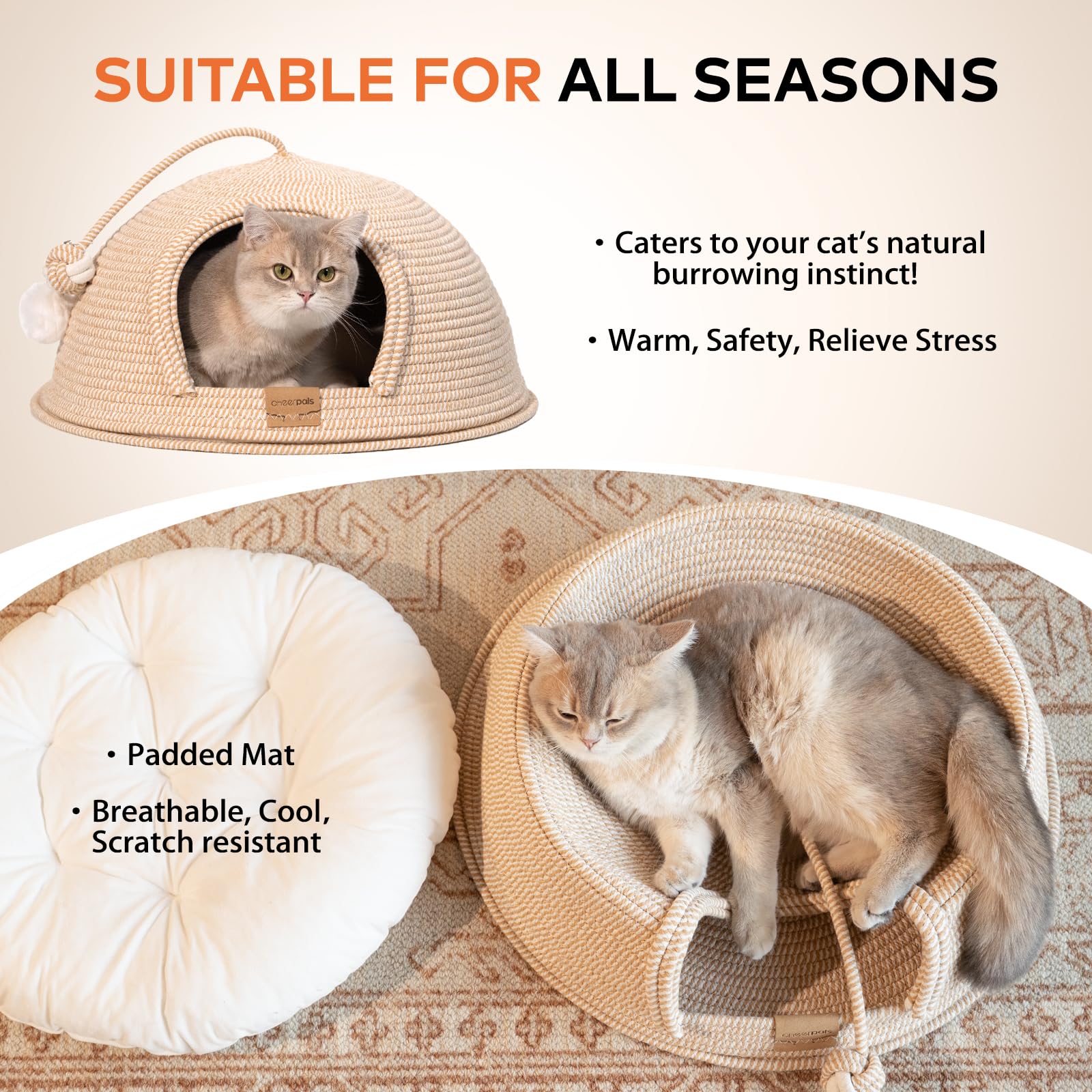 CheerPals Katzenbett mit Kissen, 47cm Waschbar Katzenkorb aus Baumwollseilen geflochten, zum Schlafen für Alle Katze, All Season Universal