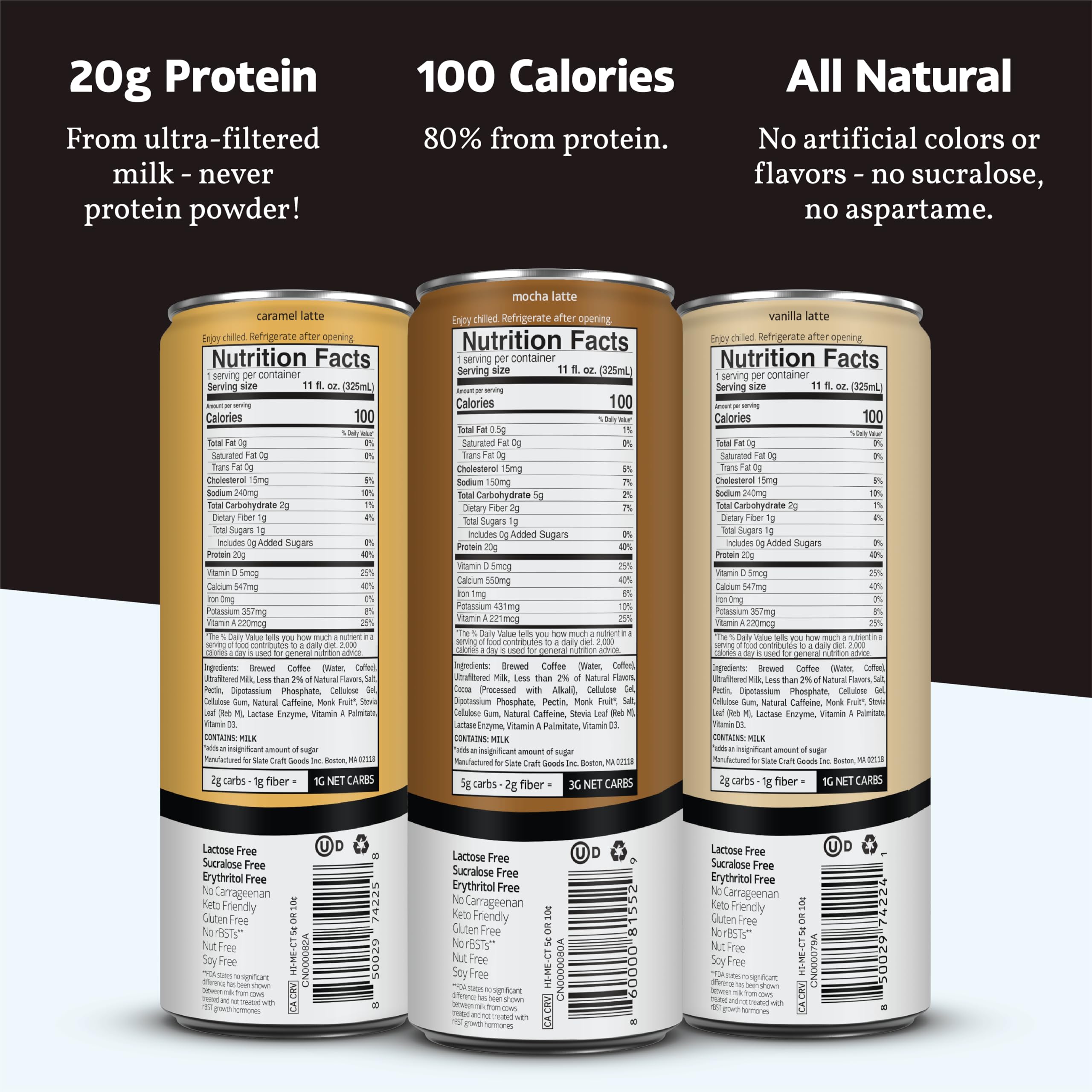 Slate Milk - High Protein Milkshake - French Vanilla - Lactose-Free, 20g Protein, 1g Sugar, 100 Calories, 1g Net Carbs, No Added Sugar - Natural, Breakfast Boost, Post Workout - 11 fl oz, 12 Cans