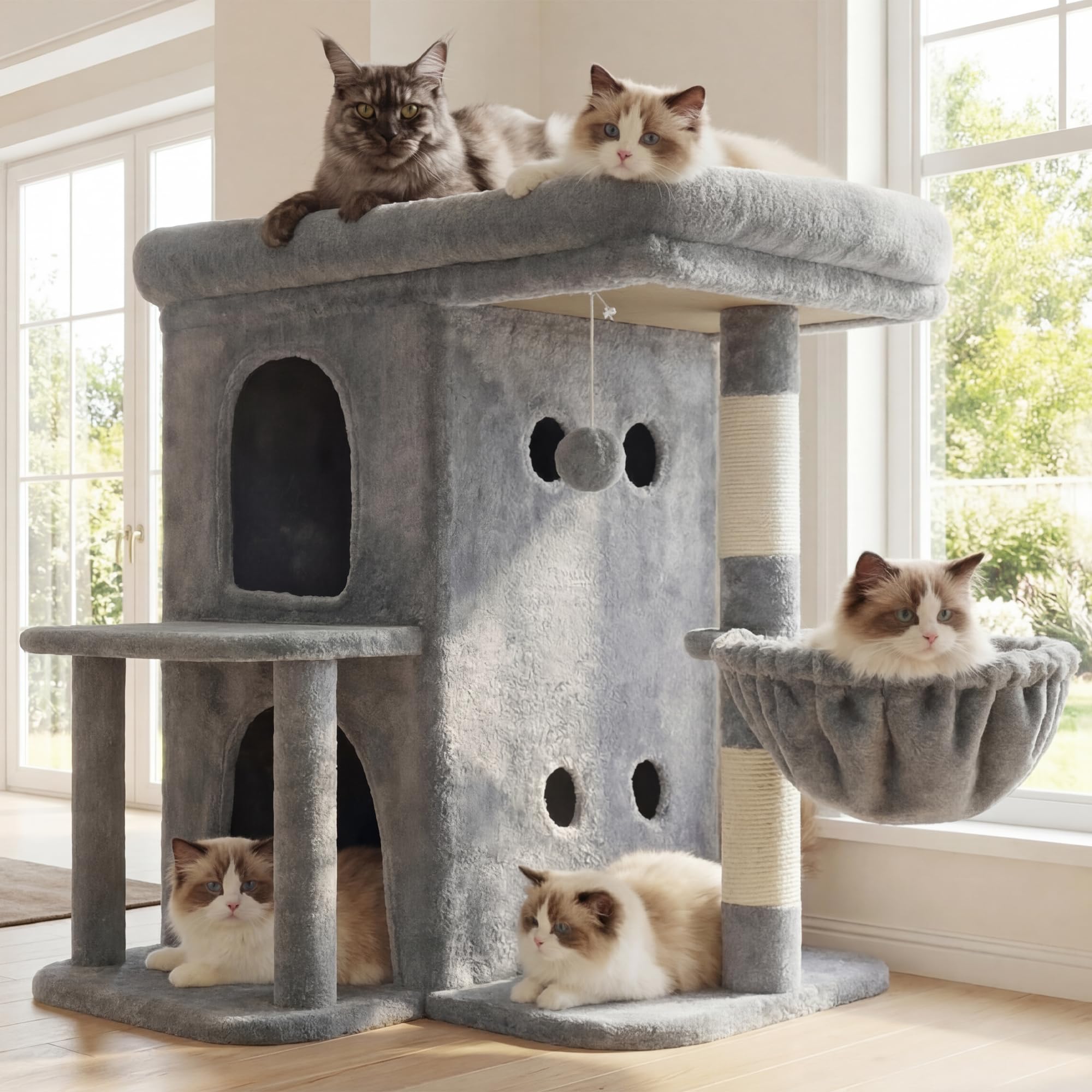Heybly Kratzbaum, 65 cm Hoher Katzenbaum mit Extra-Großer Plattform, Gestuftes Katzenmöbel mit Doppelhaus, Inklusive Sisal-Kratzsäule, Katzenkorb und Spielzeug für Katzen, Hellgrau HCT204SW