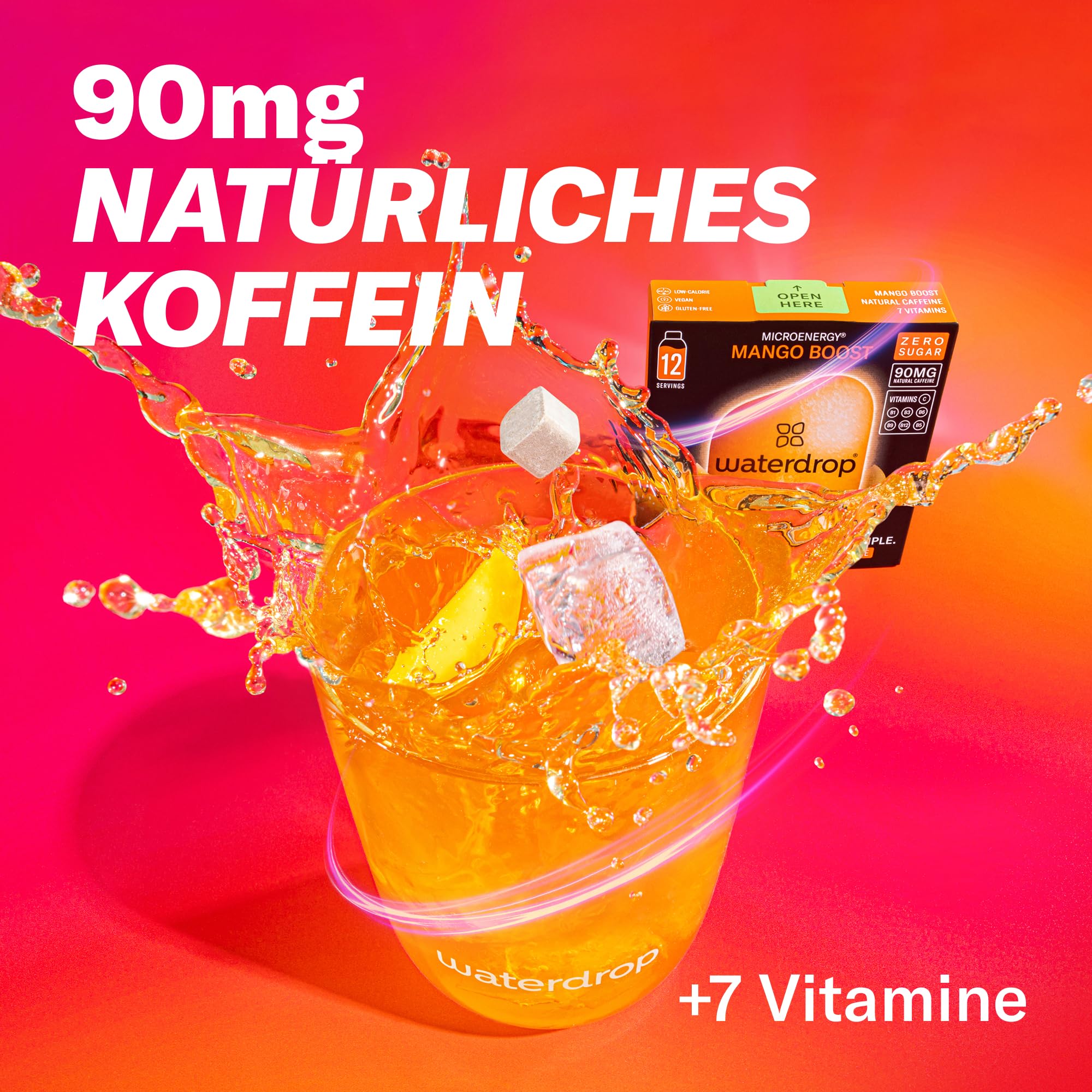 waterdrop® Microenergy Set, Energy Drink Pulver, 36 Würfel Getränkepulver, Mango, Kirsche & Brombeere Geschmack, Zuckerfrei & Kalorienarm, Mit 90 mg Natürlichem Koffein, Vitamin C & B – Flavour Drops