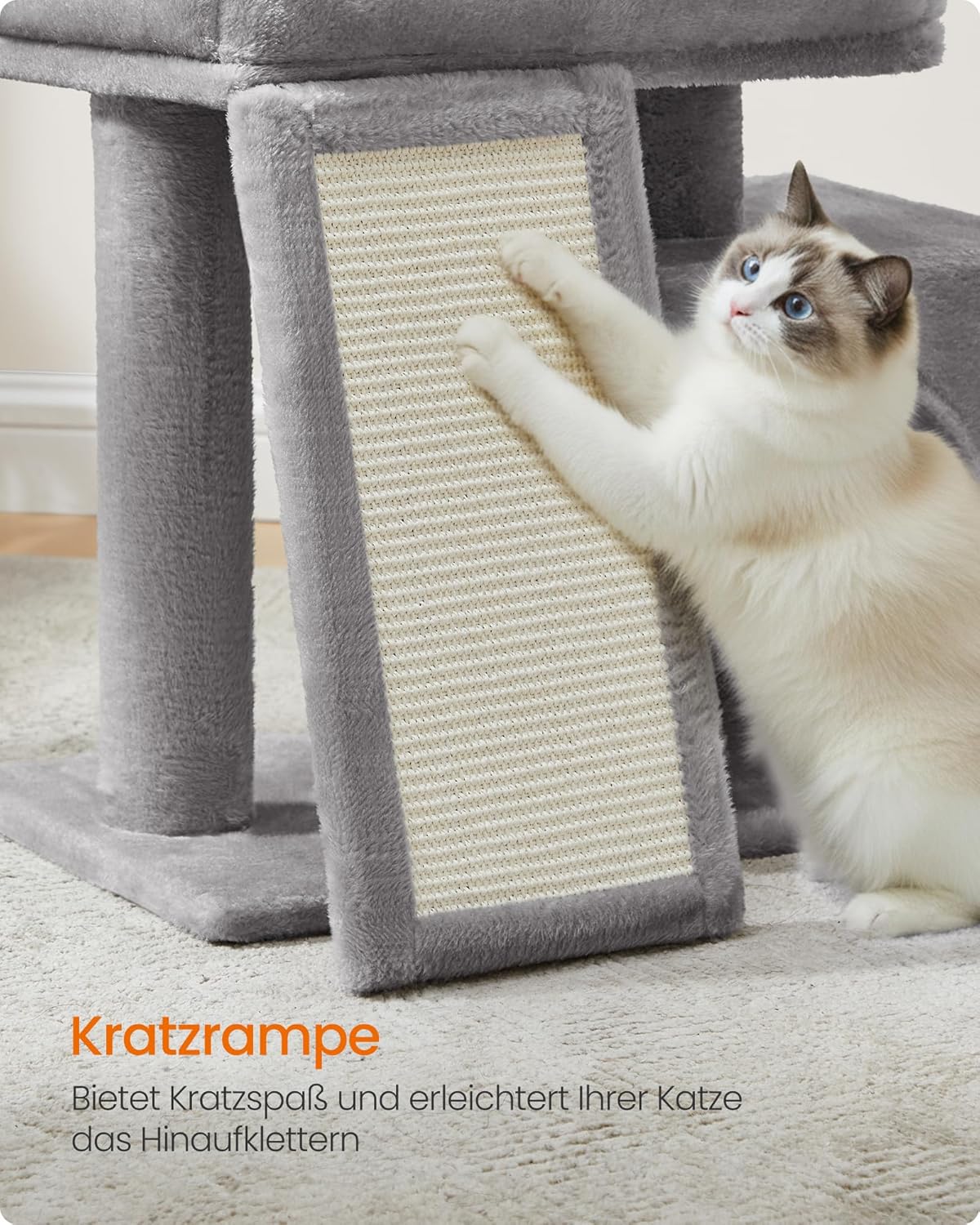 Feandrea Kratzbaum, Katzenbaum mit Kratzsäulen, Rampe, Katzenkratzbaum, 2 große Plattformen, Höhle und Korb, 85,8 cm hoch, Taubengrau PCT013GD01