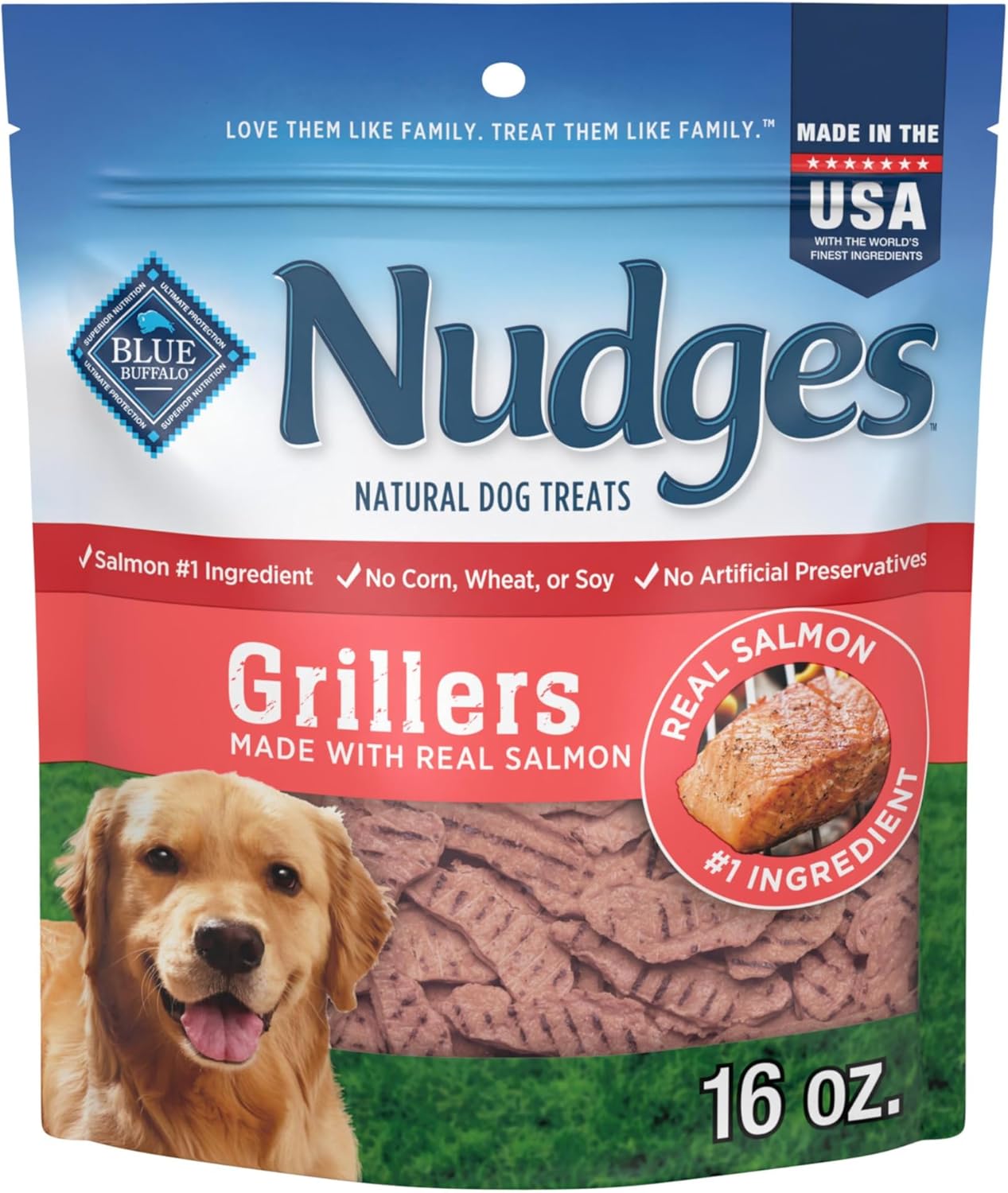 Blue Buffalo Nudges Grillers Natural Dog Treats, Made in The USA with Real Salmon, 16-oz. Bag