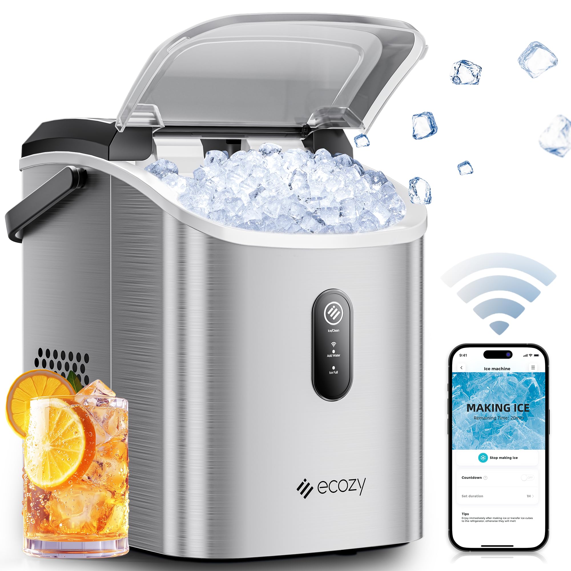 ecozy 2.1" Clear Ice Ball Maker Countertop with CrystalFlux Technology, Minimal Footprint Sphere Ice Maker with 8H Timer, 1 pc in 30 Mins, 48 pcs/Day, Self-Cleaning for Home Bar Whiskey & Bourbon
