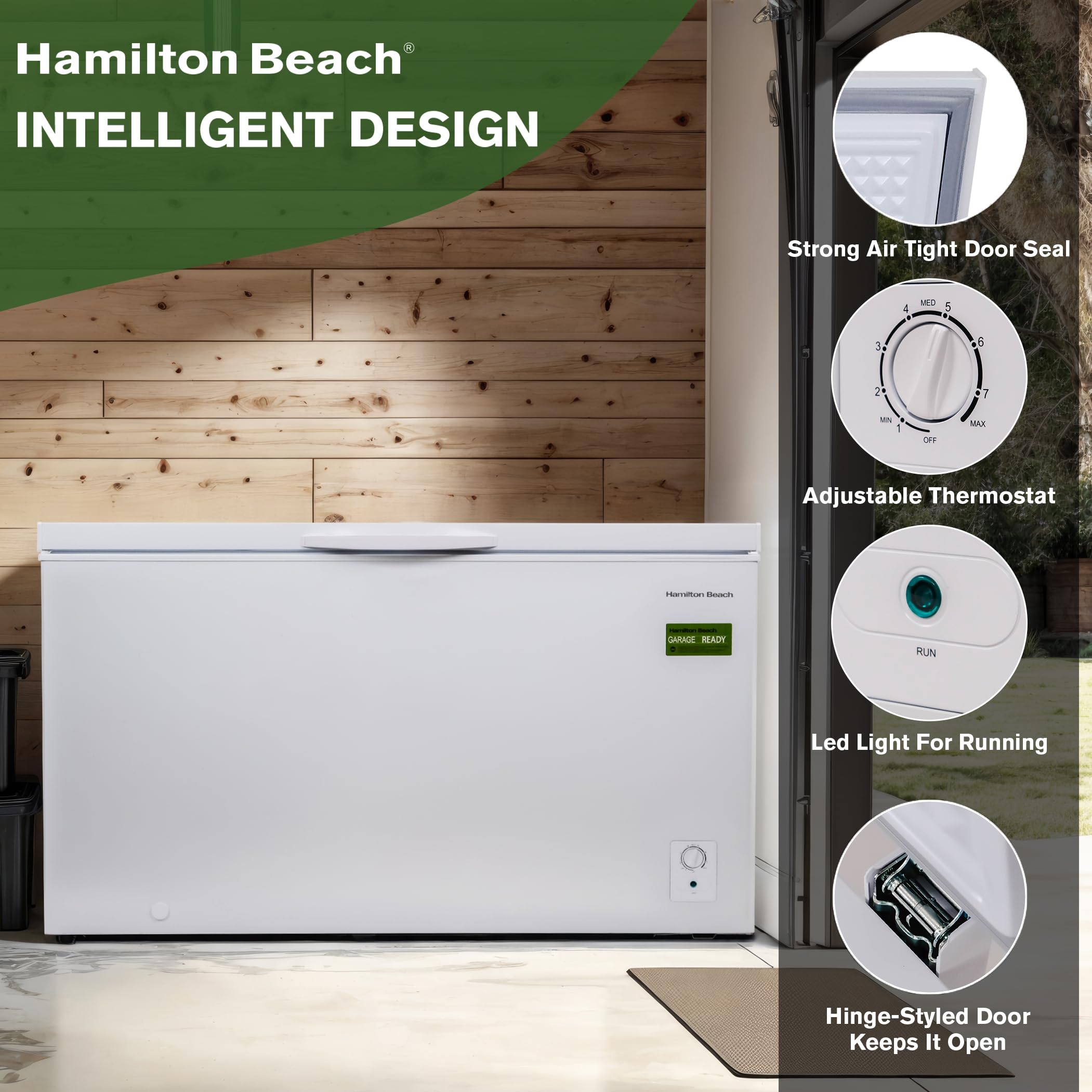 Hamilton Beach HBFRF2129 21 cu ft Double Door LID Garage-Ready Chest Freezer-White, Vinyl-Coated Baskets, Space-Saving Flat Back, Stay-Open, Front-Access Drain, for Storage, Hunting, Large Family