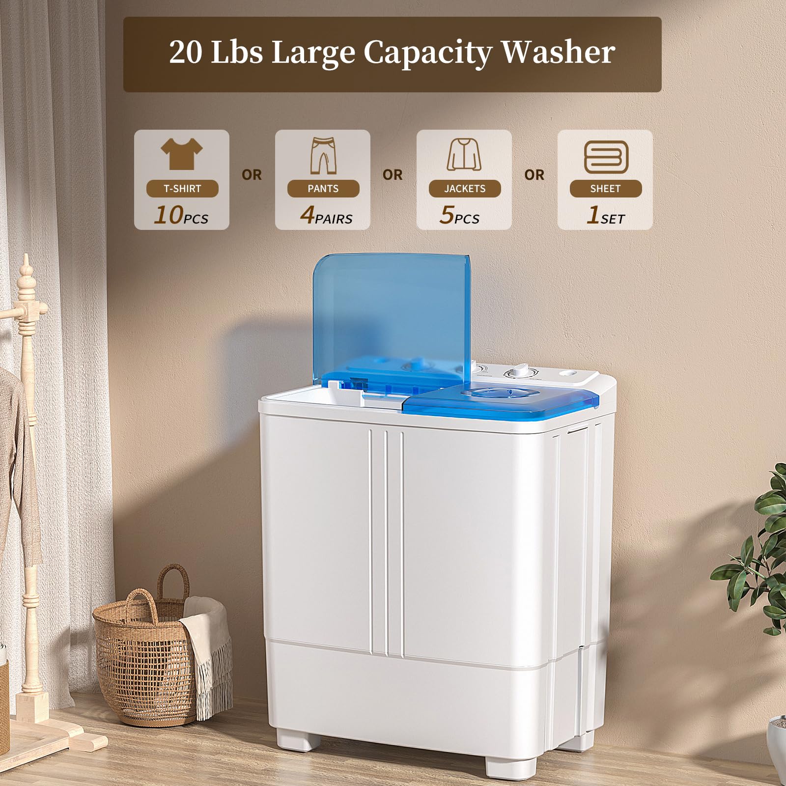 VCJ Portable Washing Machine, Twin Tub Washing Machine Laundry Compact Washer spinner Combo with 14lbs capacity, 9Lbs Washer and 5Lbs Spinner dryer for Apartments RVs and Dorms