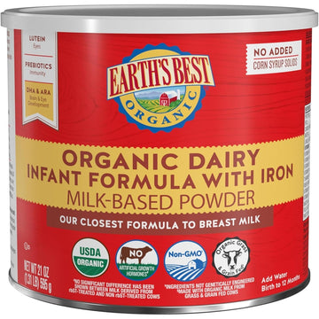 Earth's Best Organic Baby Formula for Babies 0-12 Months, Powdered Dairy Infant Formula with Iron, Omega-3 DHA, and Omega-6 ARA, 32 oz Formula Container
