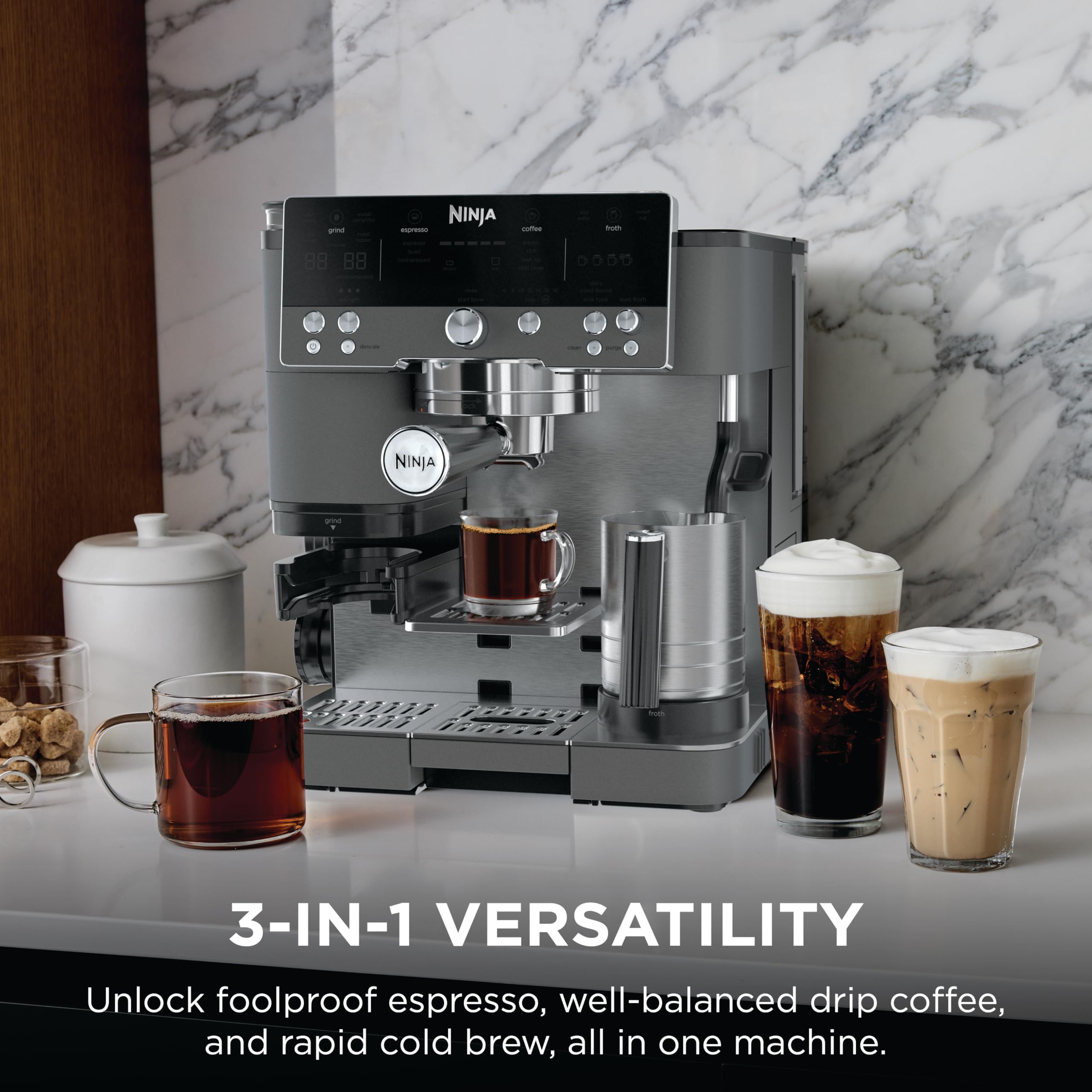 Ninja Luxe Café Premier 3-in-1 Espresso Machine, Drip Coffee, & Rapid Cold Brew | Built-in Coffee Grinder, Hands-Free Milk Frother, Assisted Tamper for Cappuccinos & Lattes | Stainless Steel | ES601