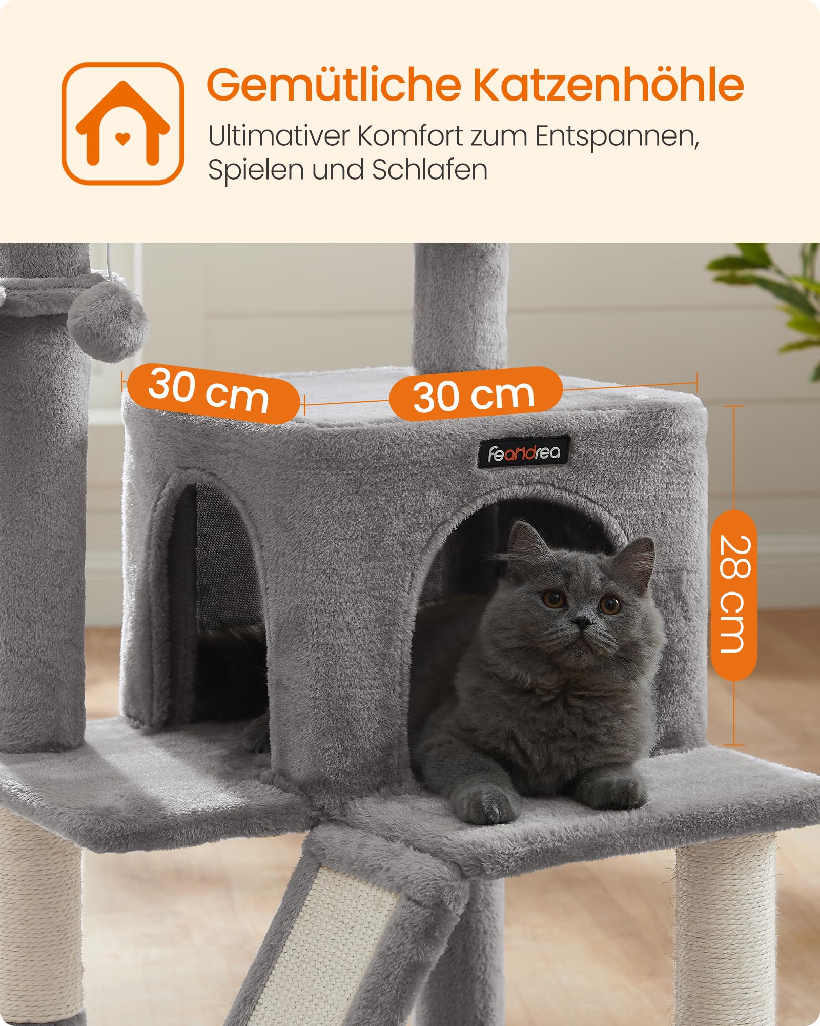 Feandrea Kratzbaum, 96 cm hoch, Katzenbaum mit großer Plattform, Katzenkratzbaum mit Katzenhöhle, Hängematte, Kratzrampe, Plüschball, weicher Plüsch, hellgrau PCT51W