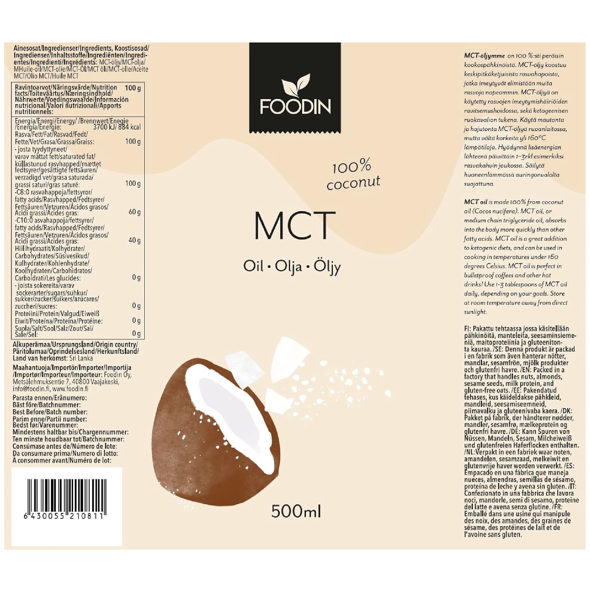 FOODIN MCT Öl 1000ml (2 x 500 ml) aus 100% Kokosöl, Medium-Chain Triglyceride (MCT) Oil, Hergestellt aus produzierter Kokosnuss, 100% glutenfrei und vegan, Ideal für Ketogene Ernährung