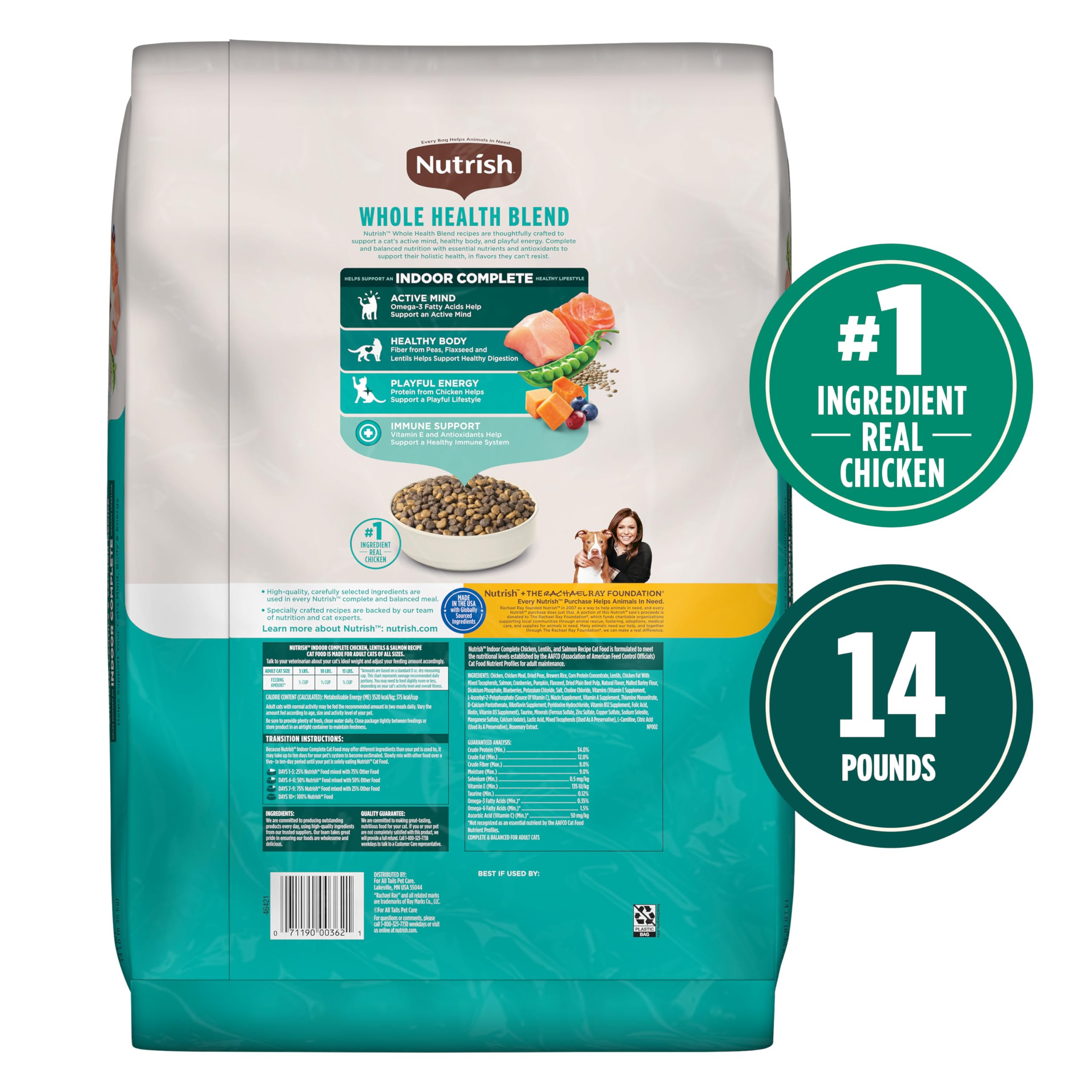 Nutrish Indoor Complete Premium Natural Dry Cat Food, Chicken with Lentils & Salmon Recipe, 14 Pounds (Packaging May Vary)