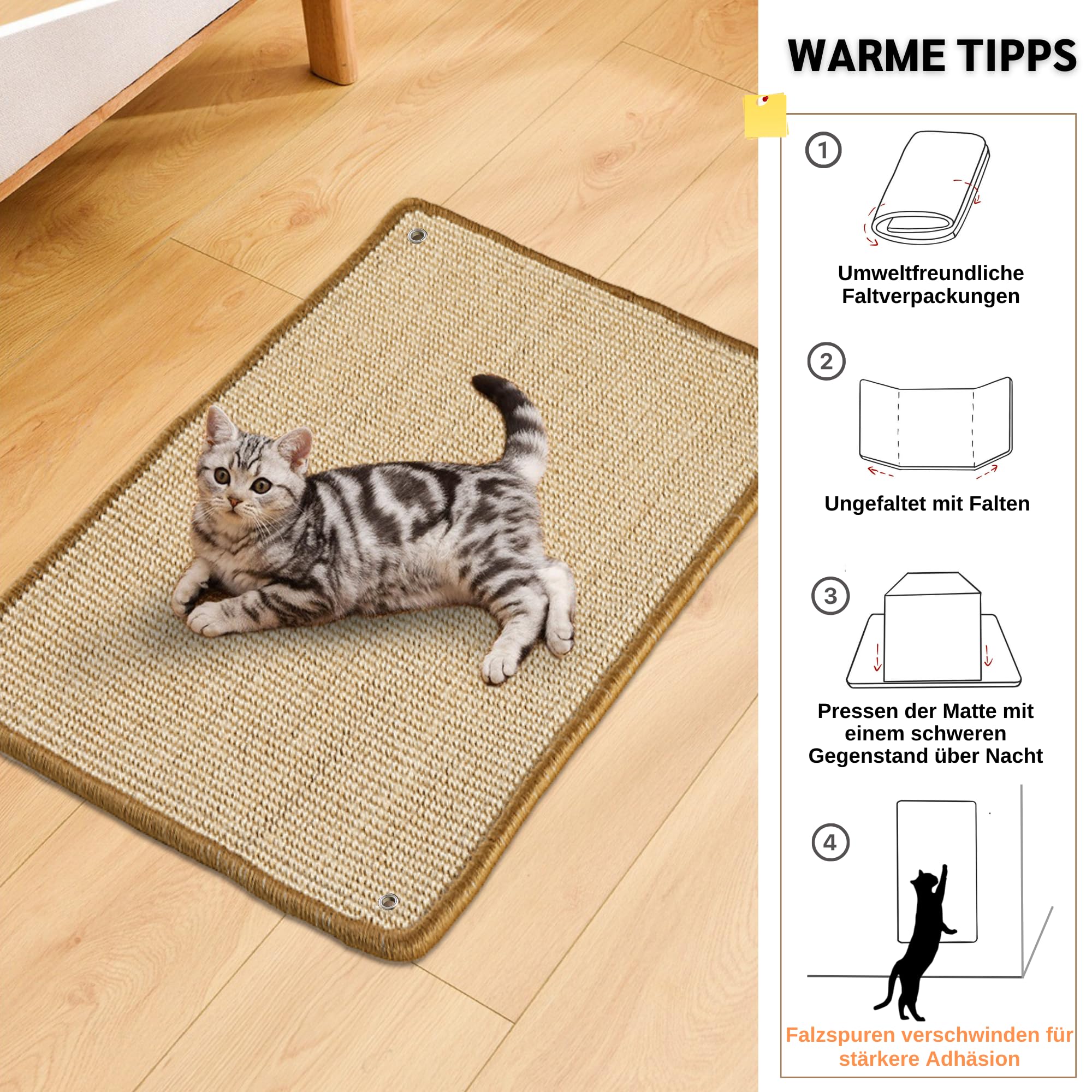 2 Stück Kratzmatte aus Sisal, Kratzmatte für Katzen, mit Klebeband, Katzenkratzmatte, Teppich zum Schutz der Wand, 60 × 25 cm (Braun)
