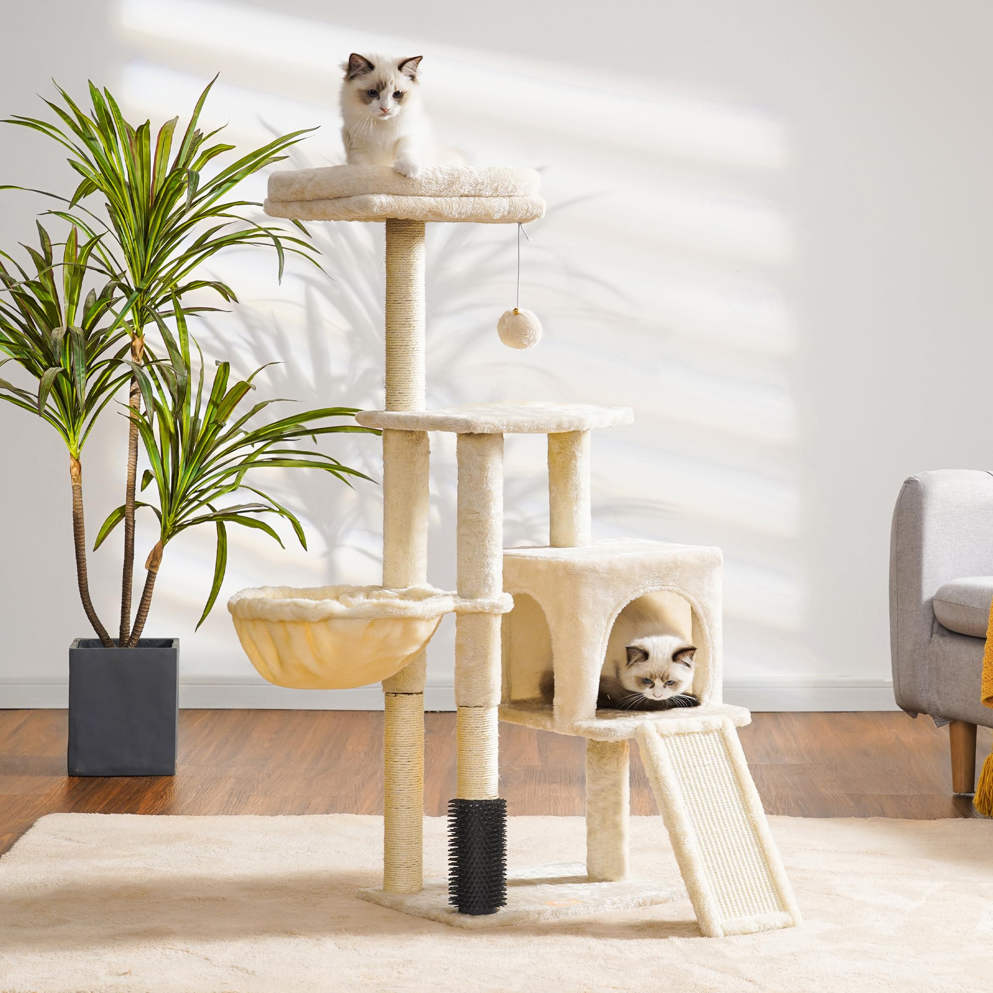 Heybly Kratzbaum mit Katzenbürste, Katzenbaum für Hauskatzen mit Gepolsterter Sitzstange aus Plüsch, Katzenkratzbaum mit Korb, Kratzbrett und Kratzbaum, Hellgrau HCT005SW