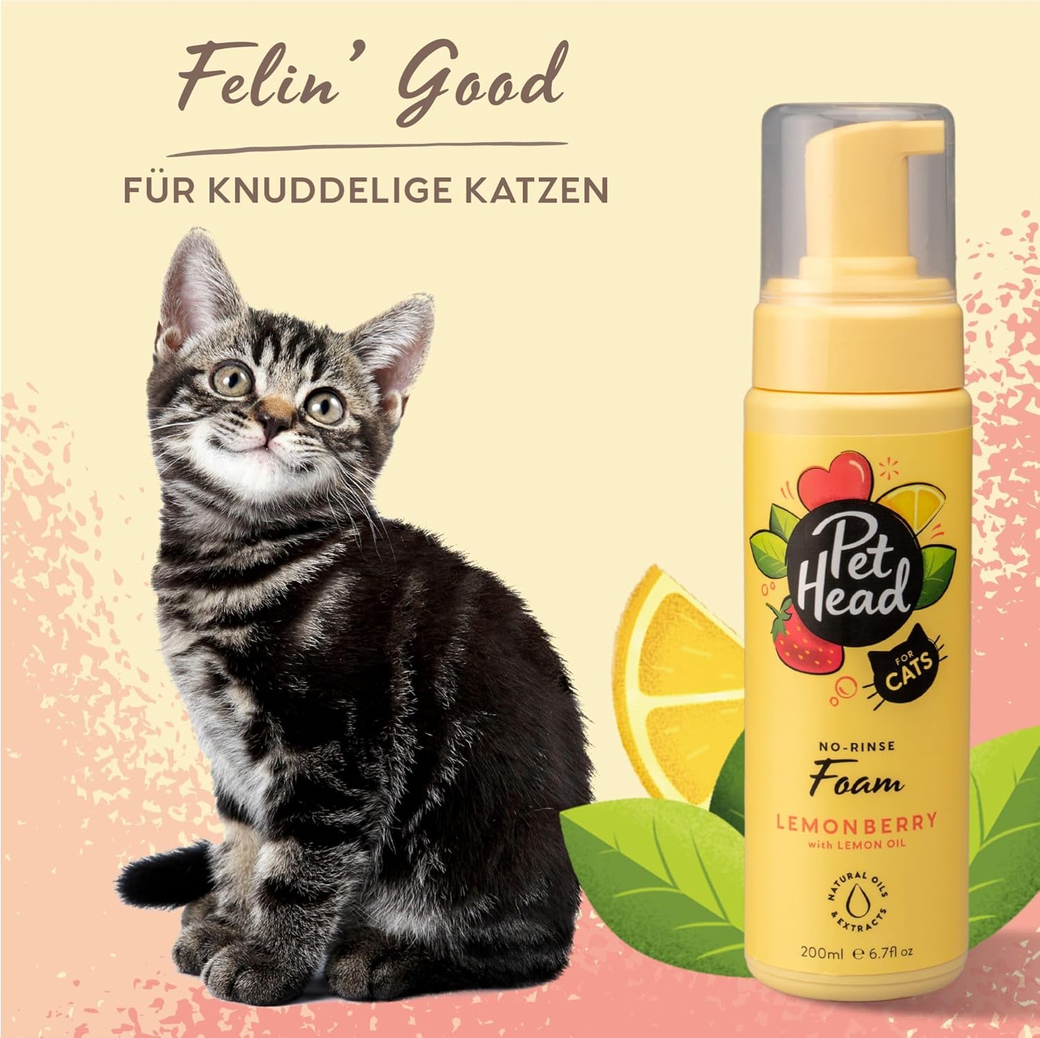 Pet Head Felin' Good Schaumshampoo ohne Ausspülen für Katzen | Zitronenbeeren-Duft | Pflegt & Beruhigt das Fell Ihres Katzens | Schnell & Einfach zu Bedienen | Sanfte Formel für Kätzchen | 200ml