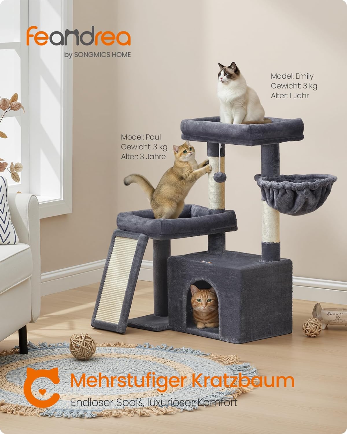 Feandrea Kratzbaum, Katzenbaum mit Kratzsäulen, Rampe, Katzenkratzbaum, 2 große Plattformen, Höhle und Korb, 85,8 cm hoch, Taubengrau PCT013GD01
