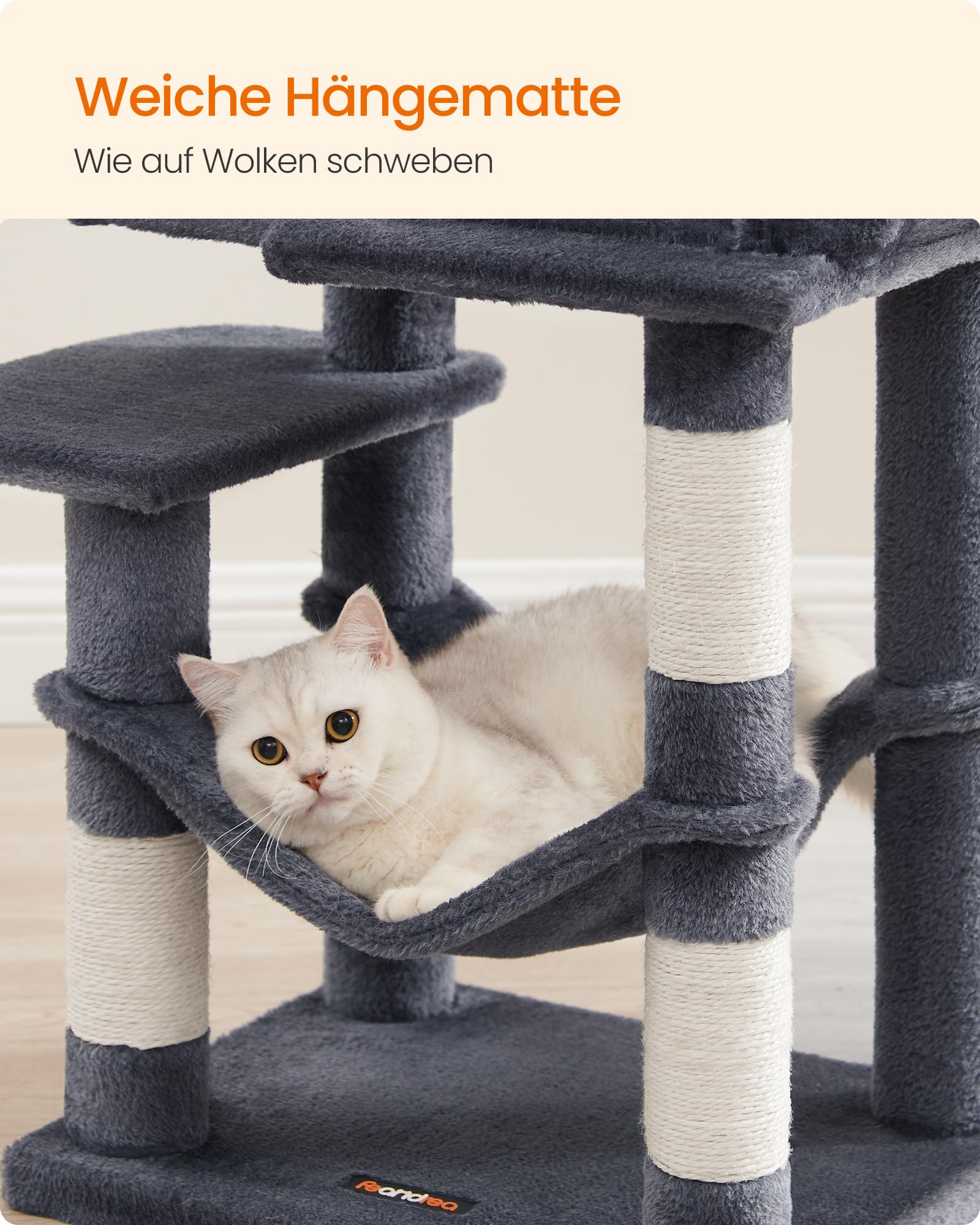 Feandrea Kratzbaum, 143 cm hoch, Katzenbaum, mehrstöckiges Katzenhaus, mit 4 Kratzsäulen, 2 Plattformen, Hängematte, Höhle, hellgrau PCT161W01