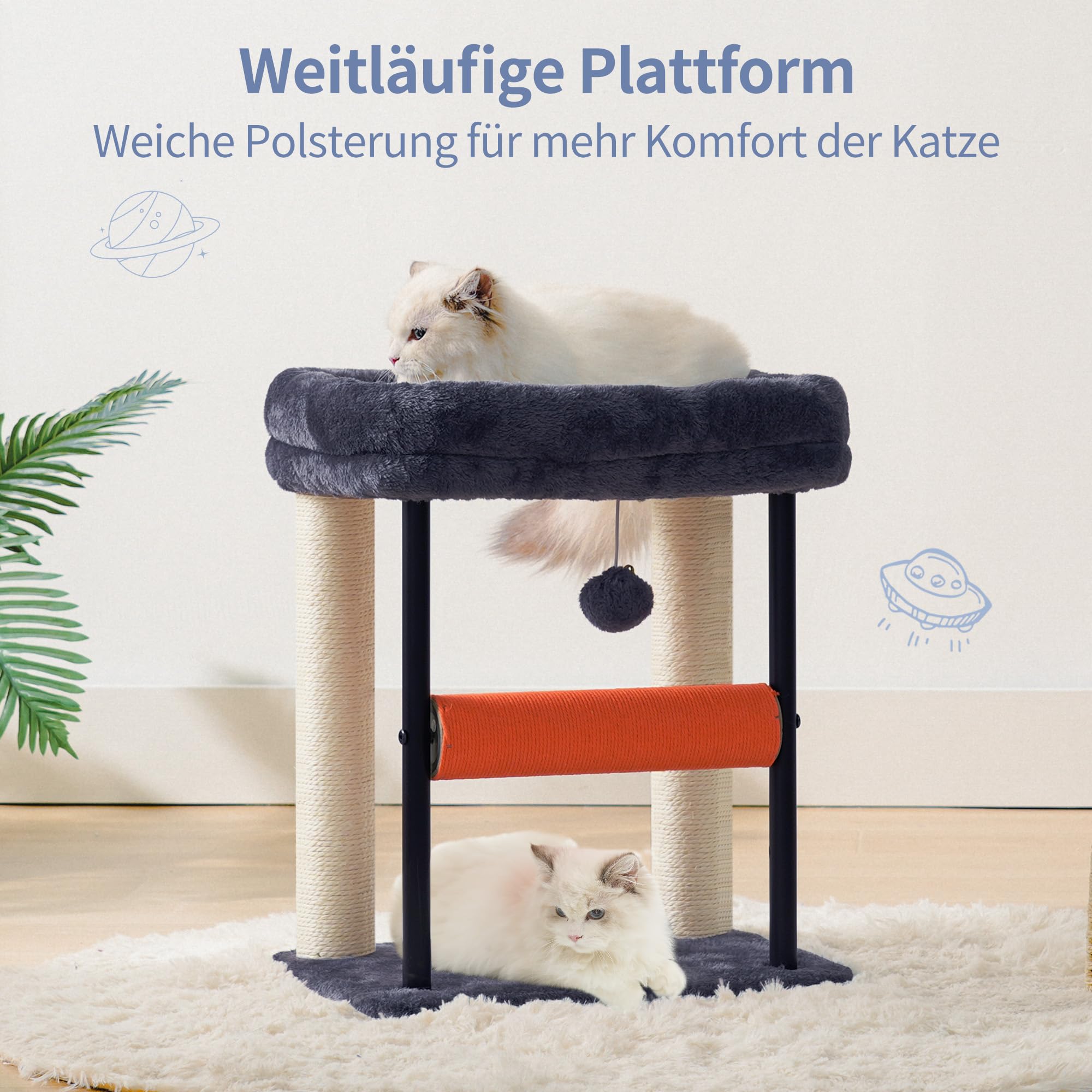 Hey-brother Kratzbaum, 50 cm klein Katzenbaum für Kätzchen, Kratzpfosten mit drehbarer Sisalsäule, geräumiger Plüschplattform, Vollständig sisalumwickelte Säule und Spielbällen, Hellgrau EMPJ010SW