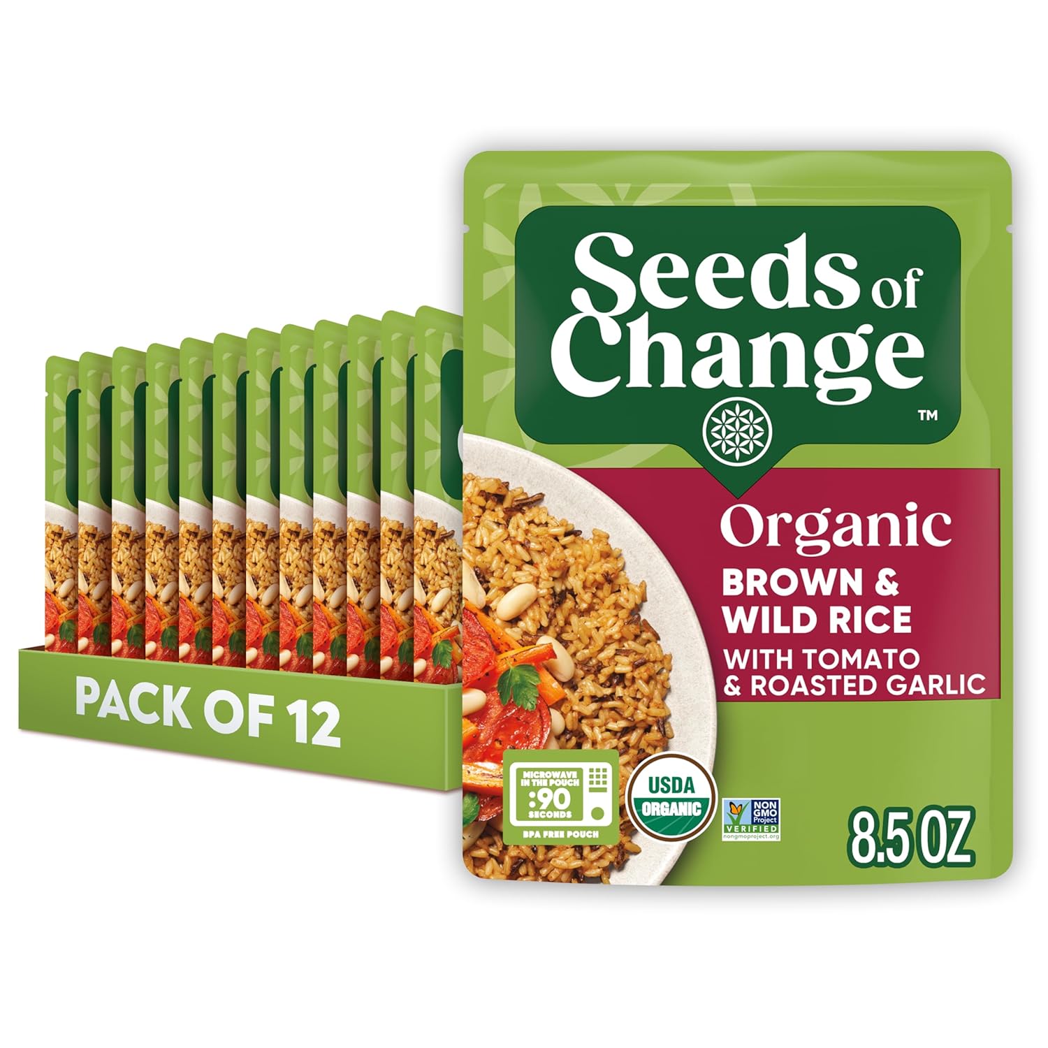 SEEDS OF CHANGE Certified Organic Brown Basmati Rice, Organic Food, 8.5 OZ Pouch (Pack of 12)