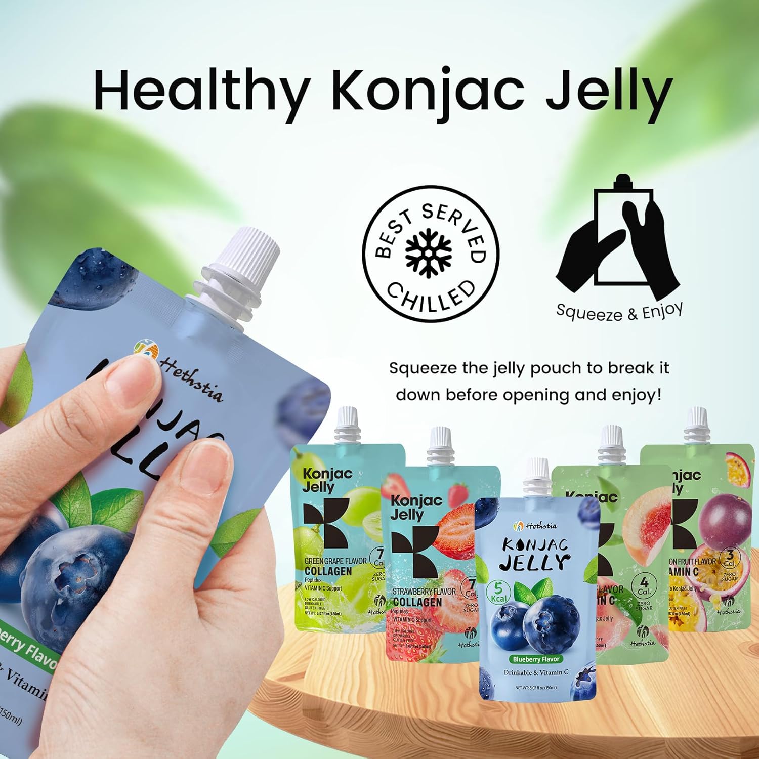 Hethstia Konjac Jelly Variety Pack, 10 Pouches Drinkable Jelly– Blueberry, Peach, Passion Fruit, Green Grape, Strawberry – Low Calorie Snack with Vitamin C, Keto, Gluten-Free, On-the-Go Healthy Treat